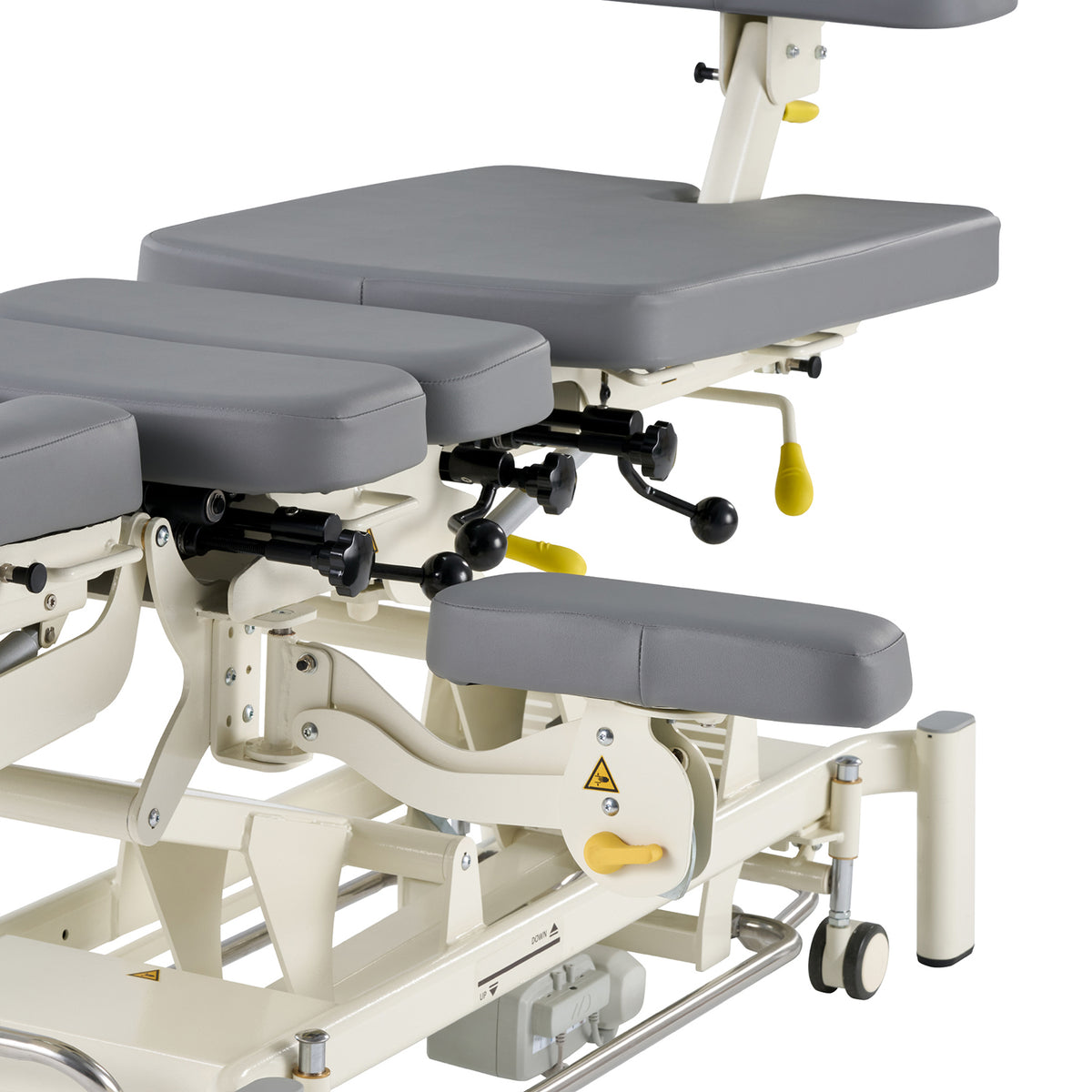 Medical examination table with adjustable positions on a white background