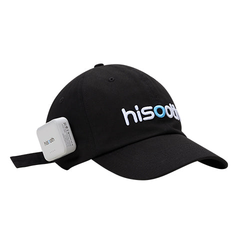 Black cap with 'hisooth' branding on a white background