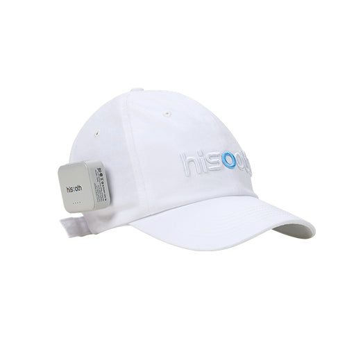 White cap with 'hisooth' branding on a white background