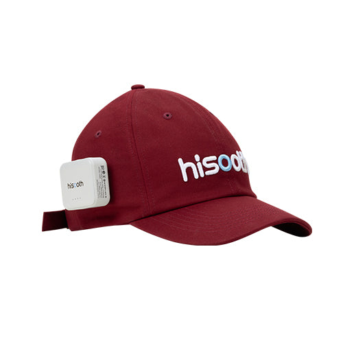 Red cap with 'hisooth' branding on a white background