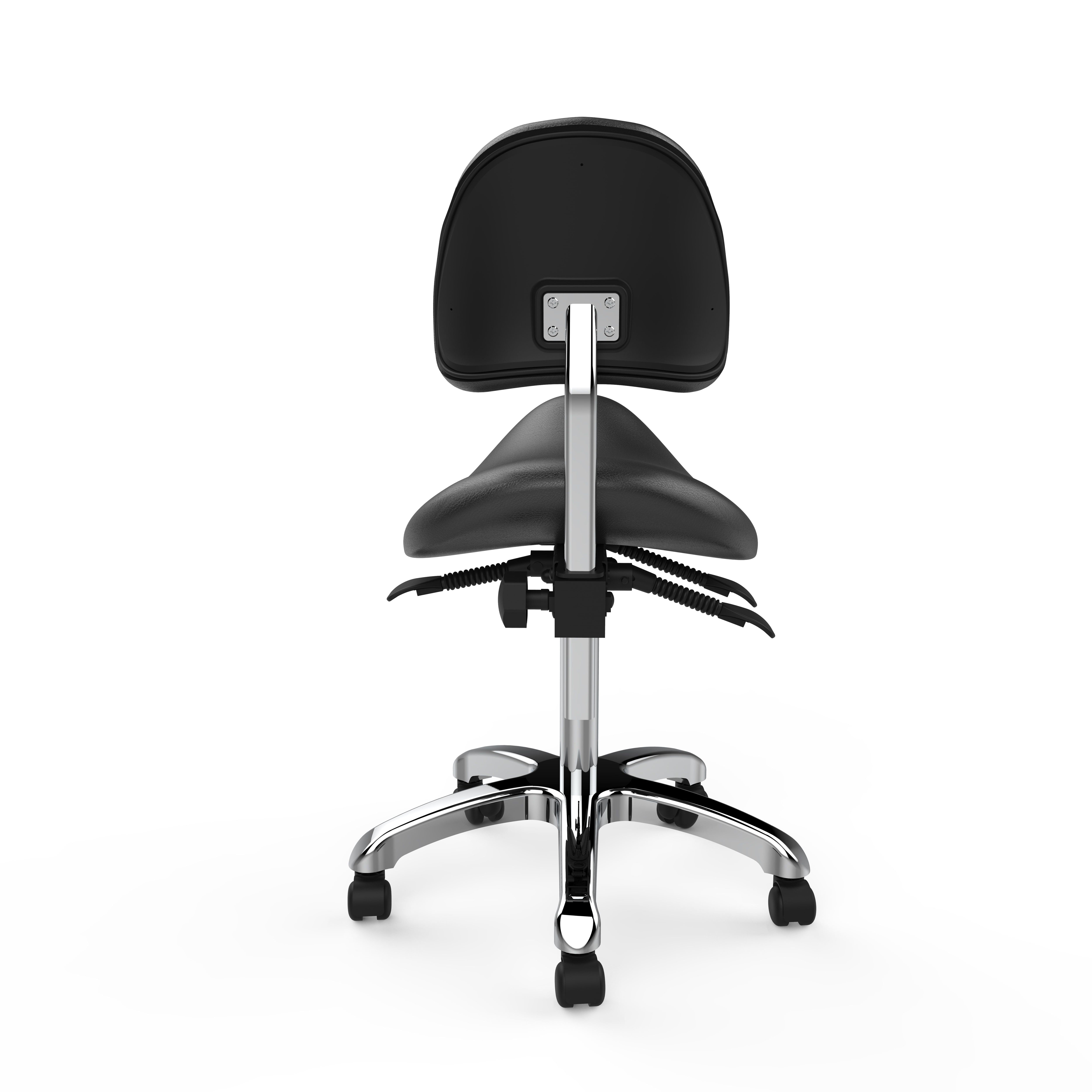 Back of Silverfox America 1025A black ergonomic stool chair with chrome base and five wheels.