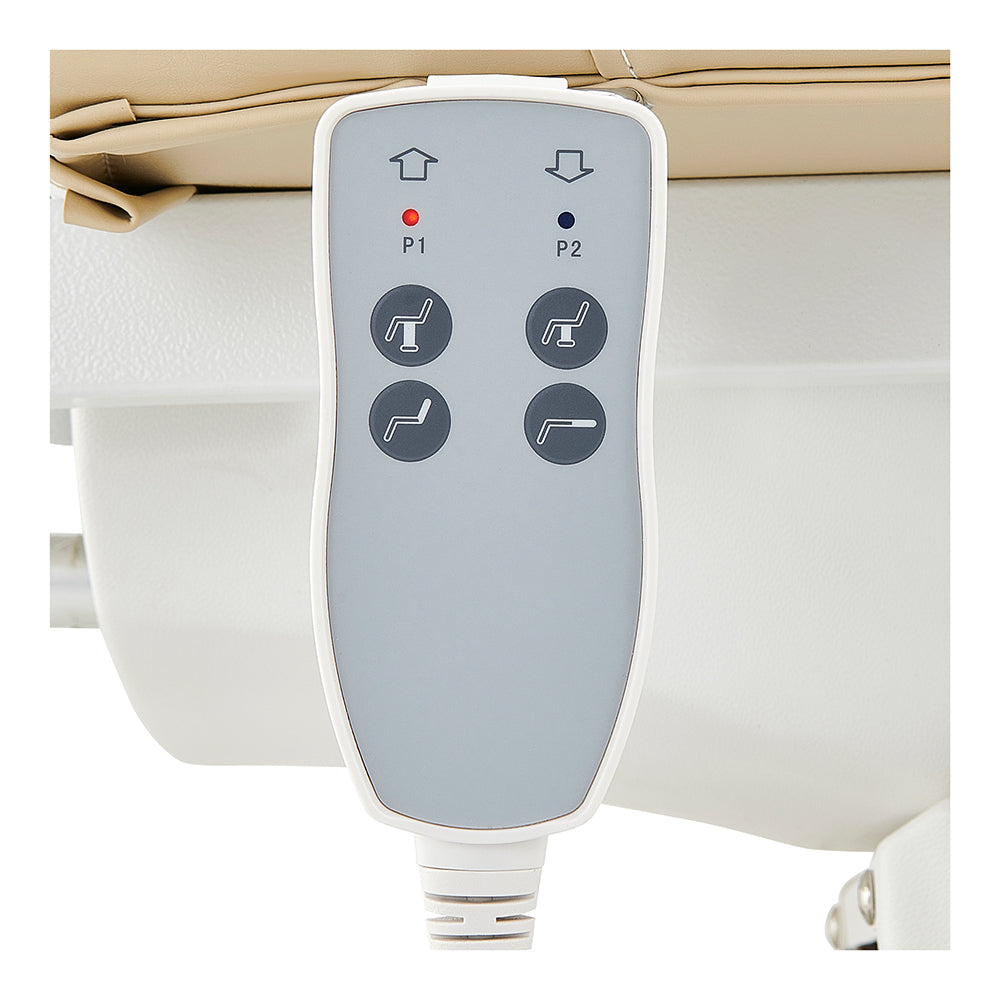 Close-up of DIR Serenity Electric Treatment Table remote with buttons and indicator lights.