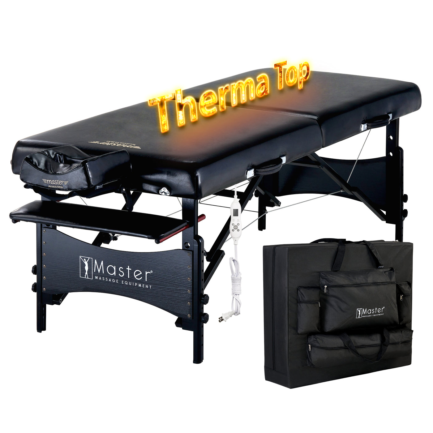 Master Massage GALAXY Therma-Top table with adjustable heat and carrying case shown.