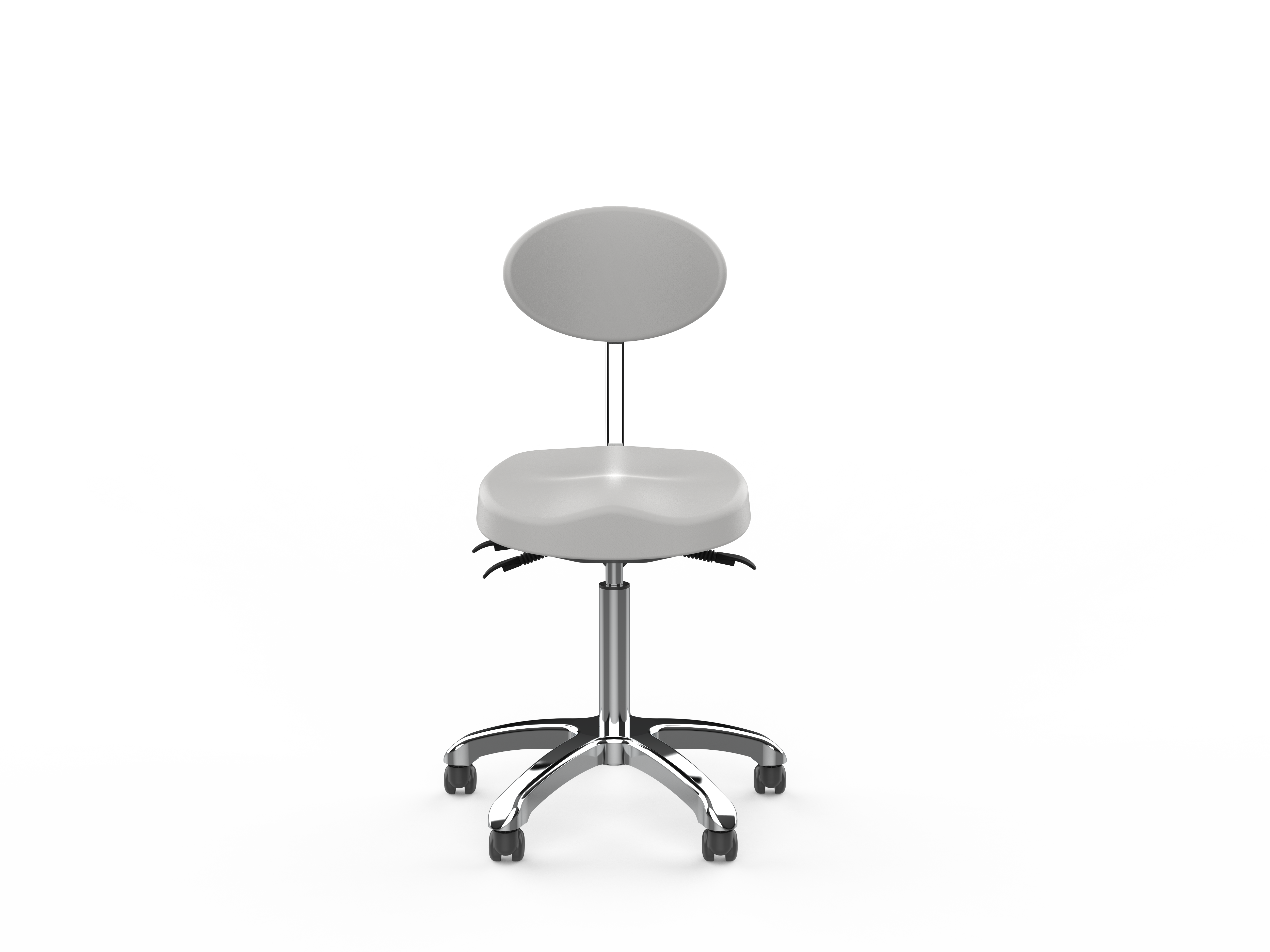 Silverfox America 1025E Beauty Stool with round backrest and five wheels, front view.