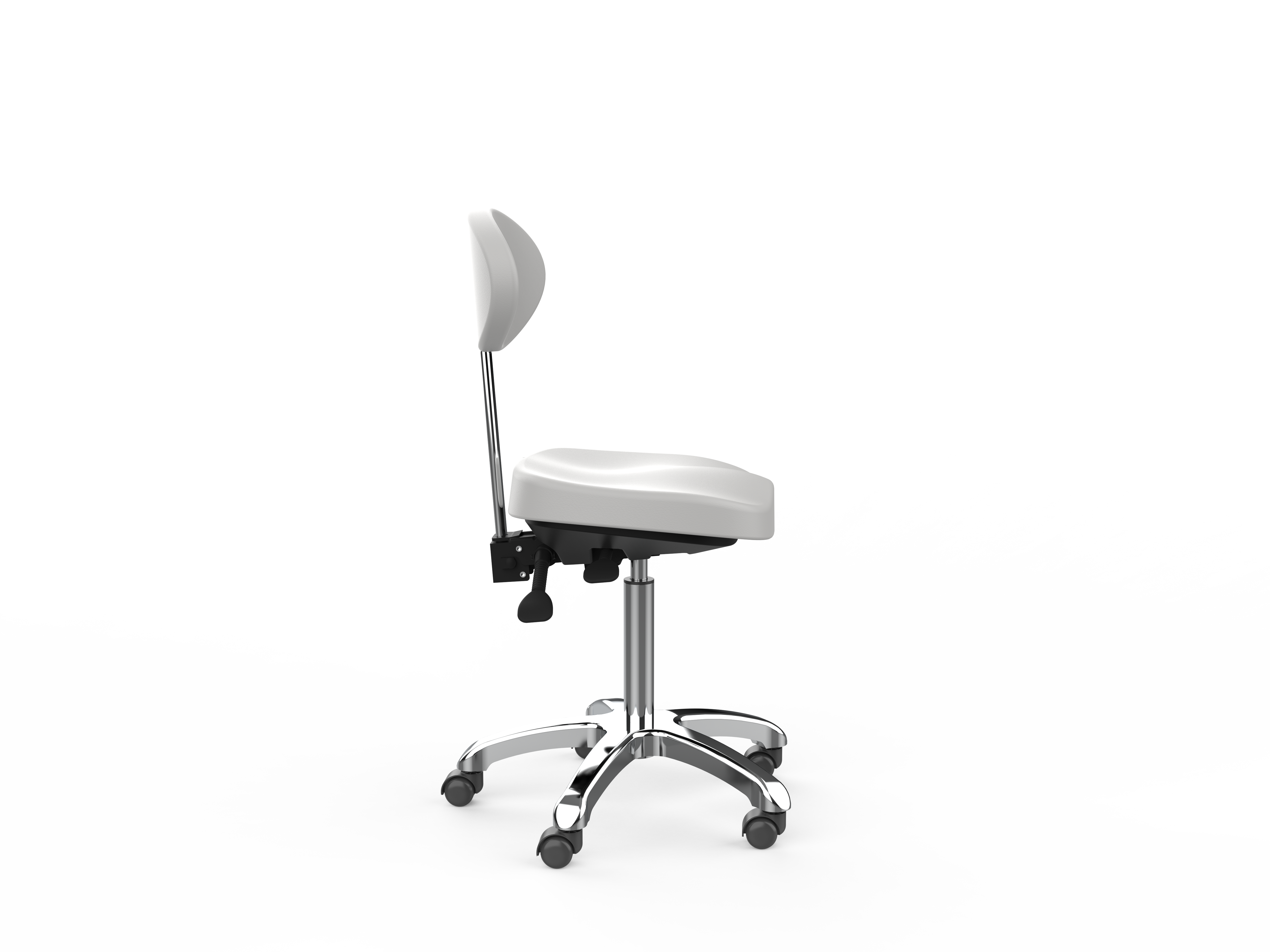 Silverfox America 1025E Beauty Stool: ergonomic, with backrest and five wheels, shown plainly.