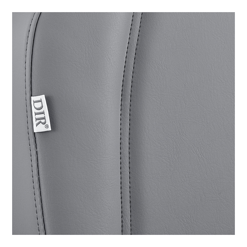Close-up of gray Libra II Medical Chair upholstery with a white DIR® fabric tag attached.