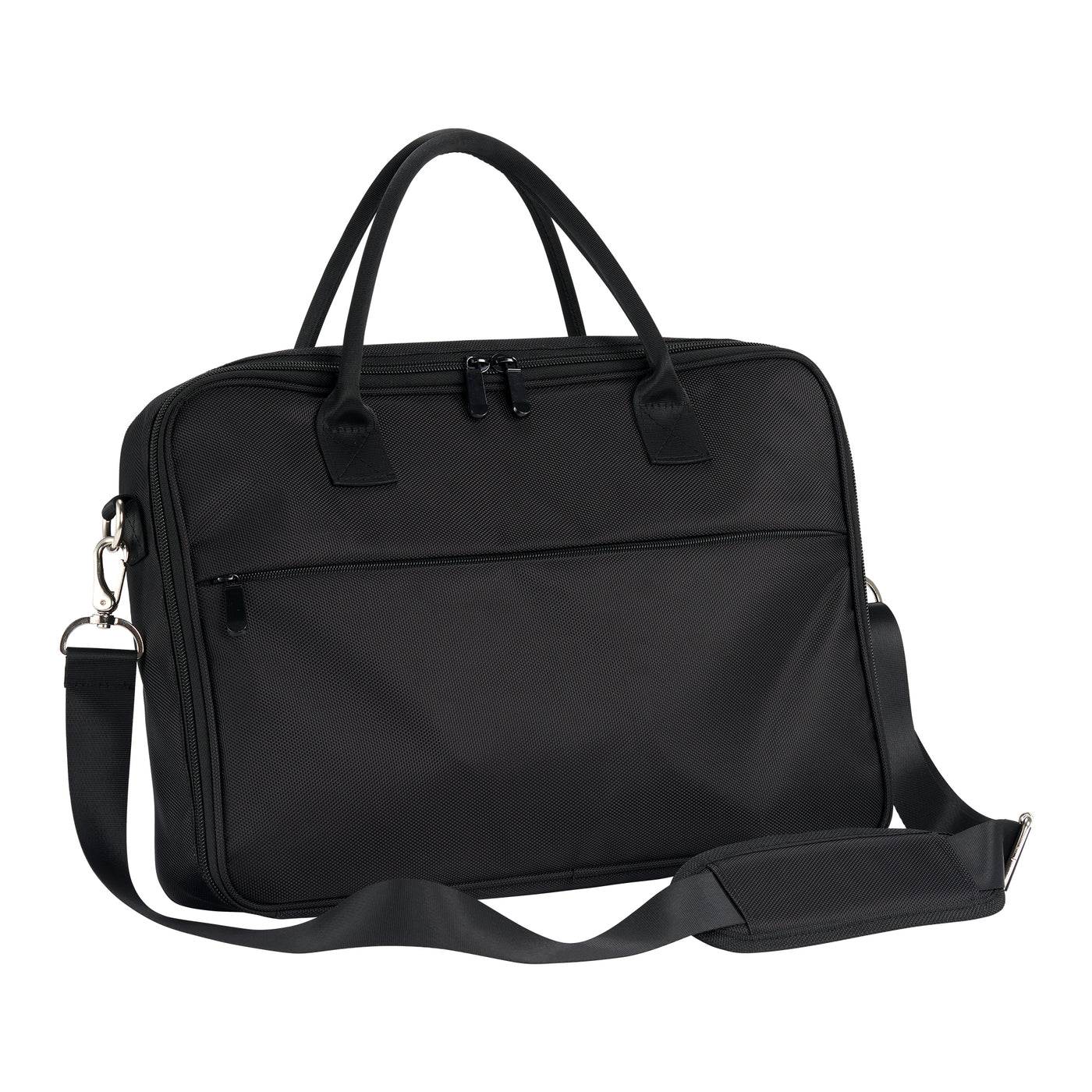 Black briefcase with shoulder strap on a white background