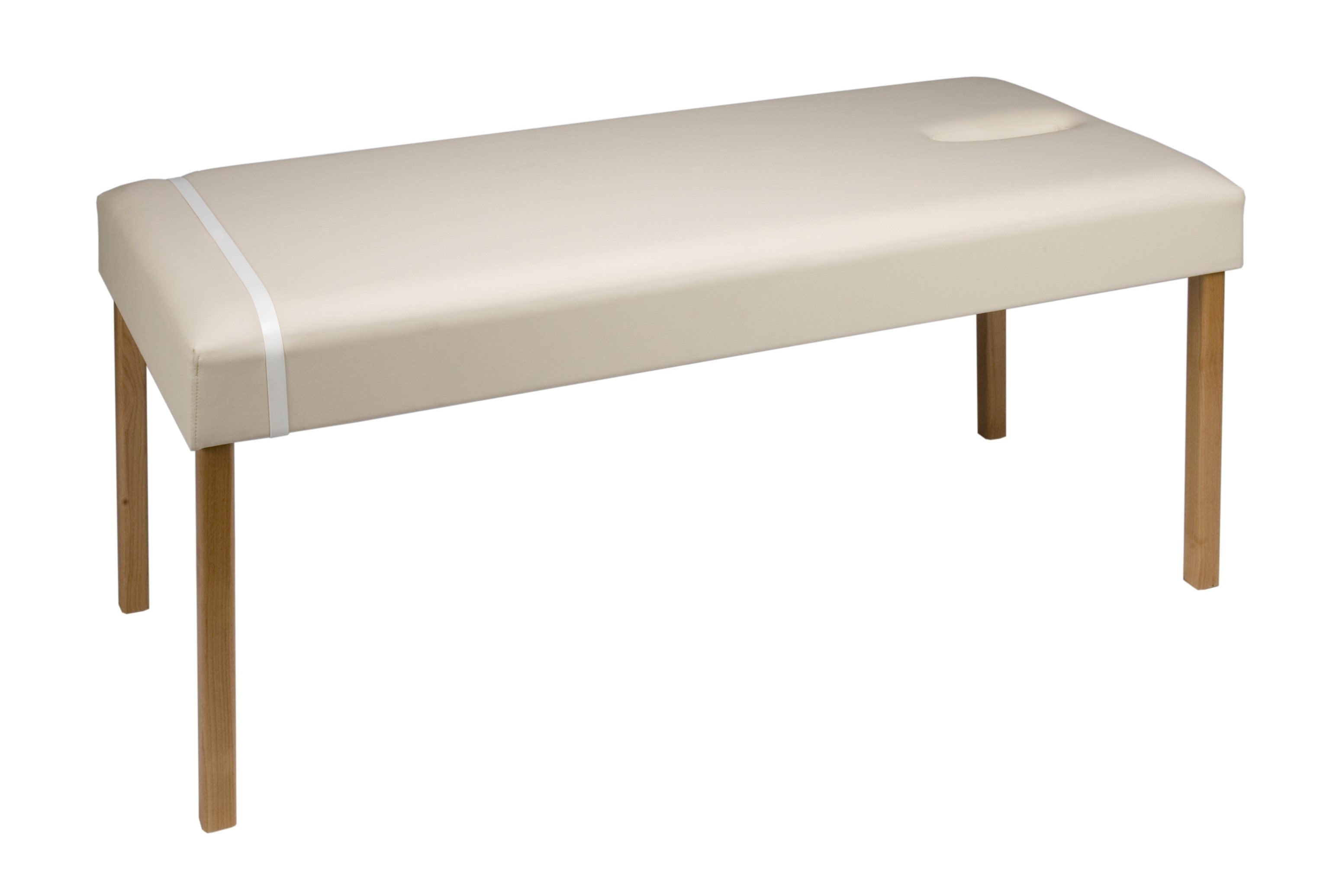 Galaxy Mfg 1987-30 standard table, all-wood, beige, with face cutout on one end.