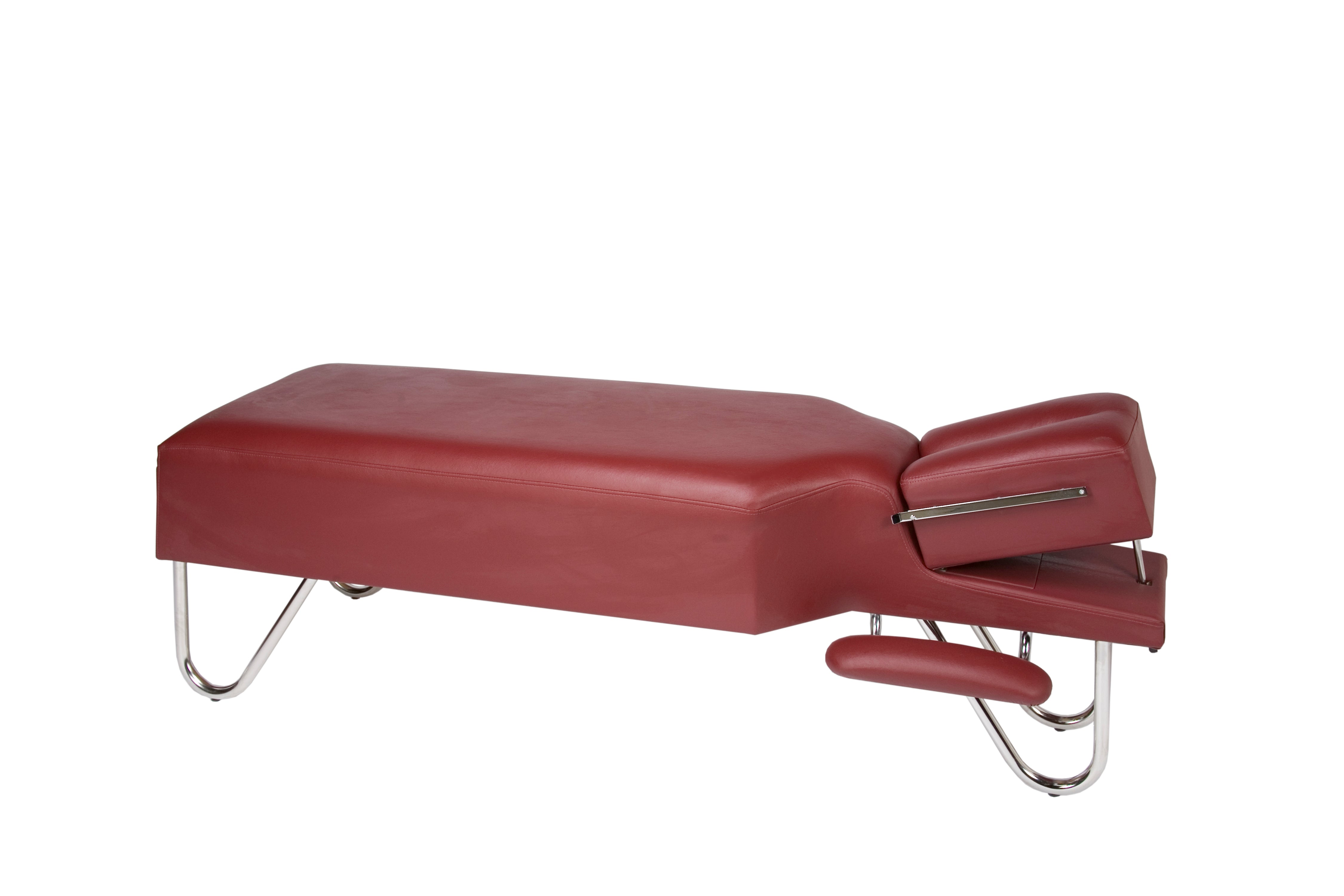 Galaxy Mfg 1989-CA red adjustable chiropractic table with articulating head and chrome legs.