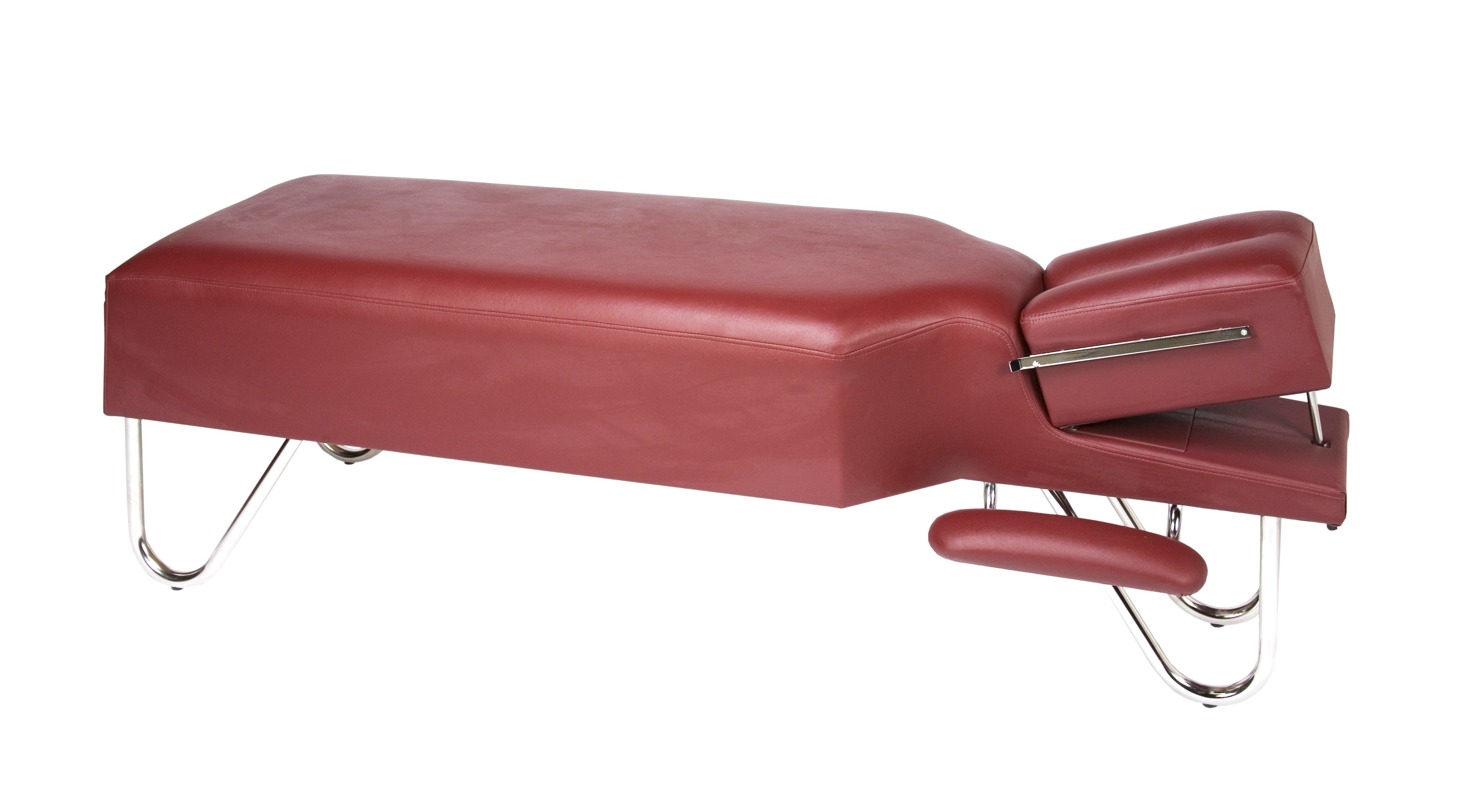 Galaxy Mfg 1989-CA red adjustable table with articulating headrest and high-density foam.