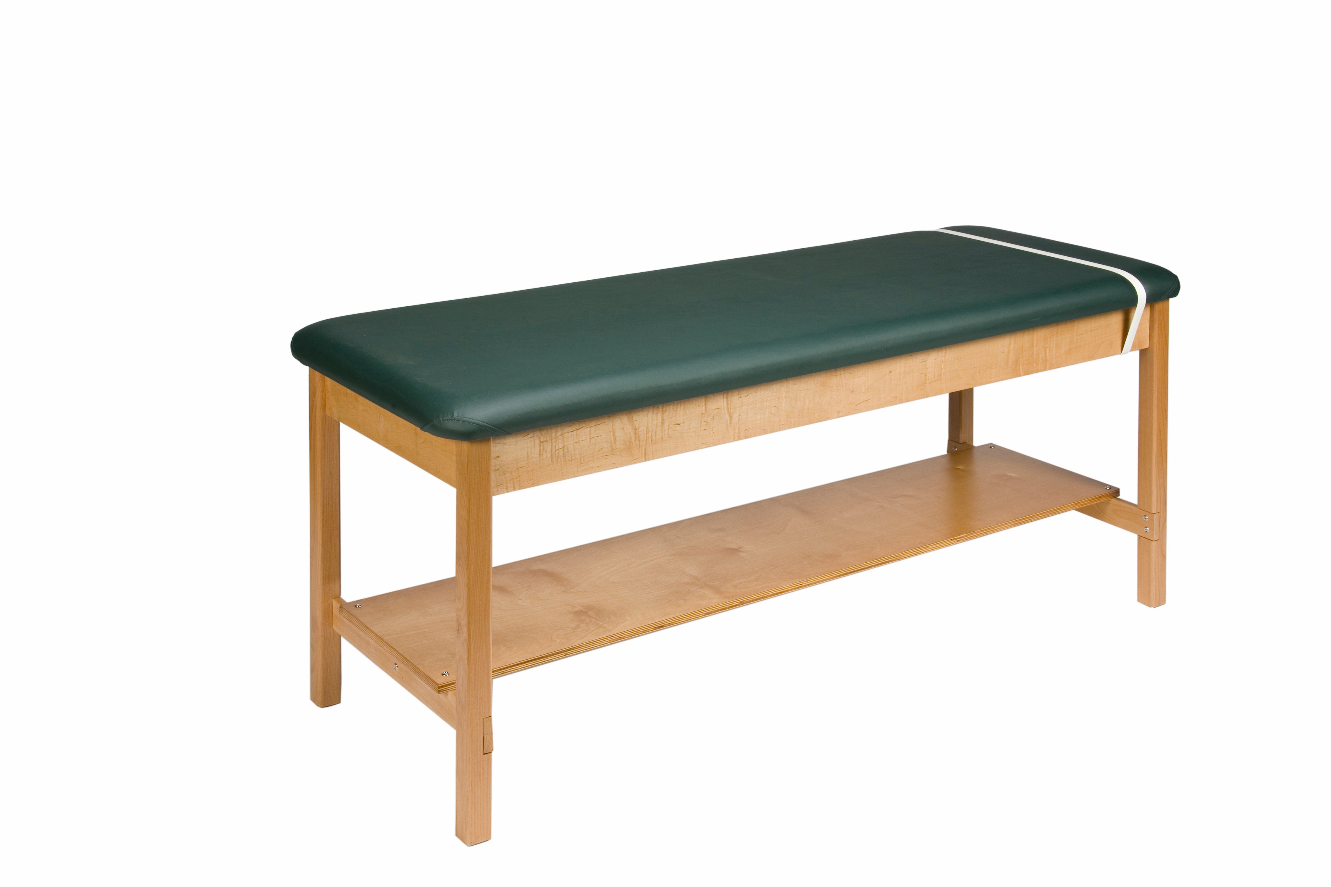 Galaxy Mfg 1989-30-Shelf Table with green padded top and shelf, ideal for exams or massage.
