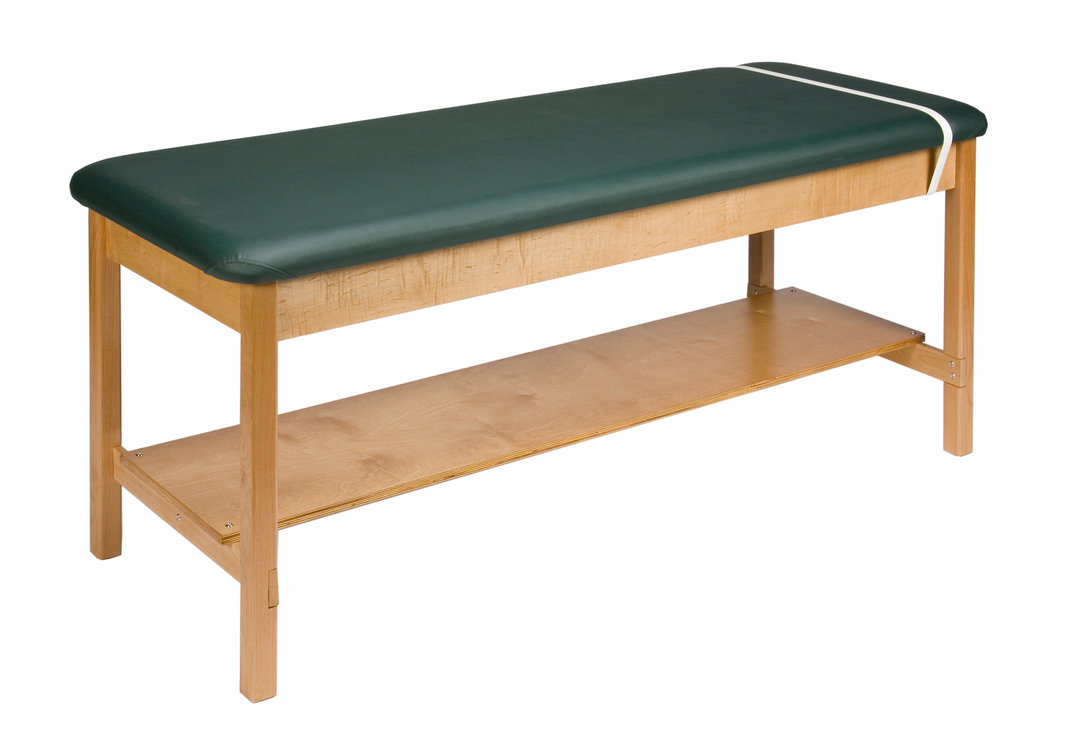 Galaxy Mfg 1989-30-Shelf Treatment Table with green cushion top and lower shelf.