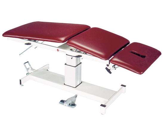 Armedica AM-SP 300 treatment table with elevating center and face hole, burgundy cushions.