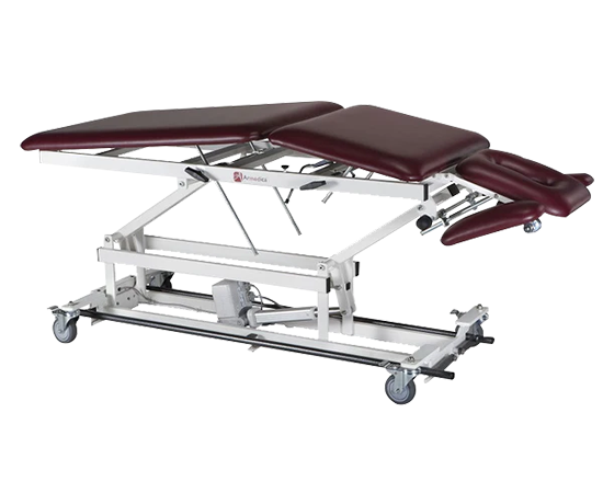 Armedica AM-BA 500 five-section treatment table with maroon Permablok vinyl and wheels.