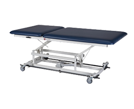 Armedica AM-BA 240 treatment table with blue padding, steel base, and wheels.