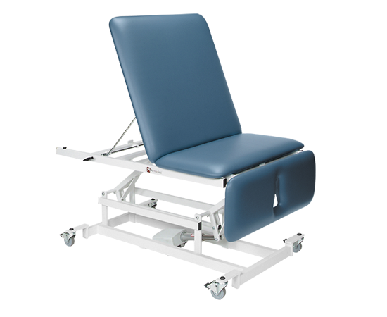 Armedica AM-368 super bariatric 3-section table, blue pad, white frame, on wheels.