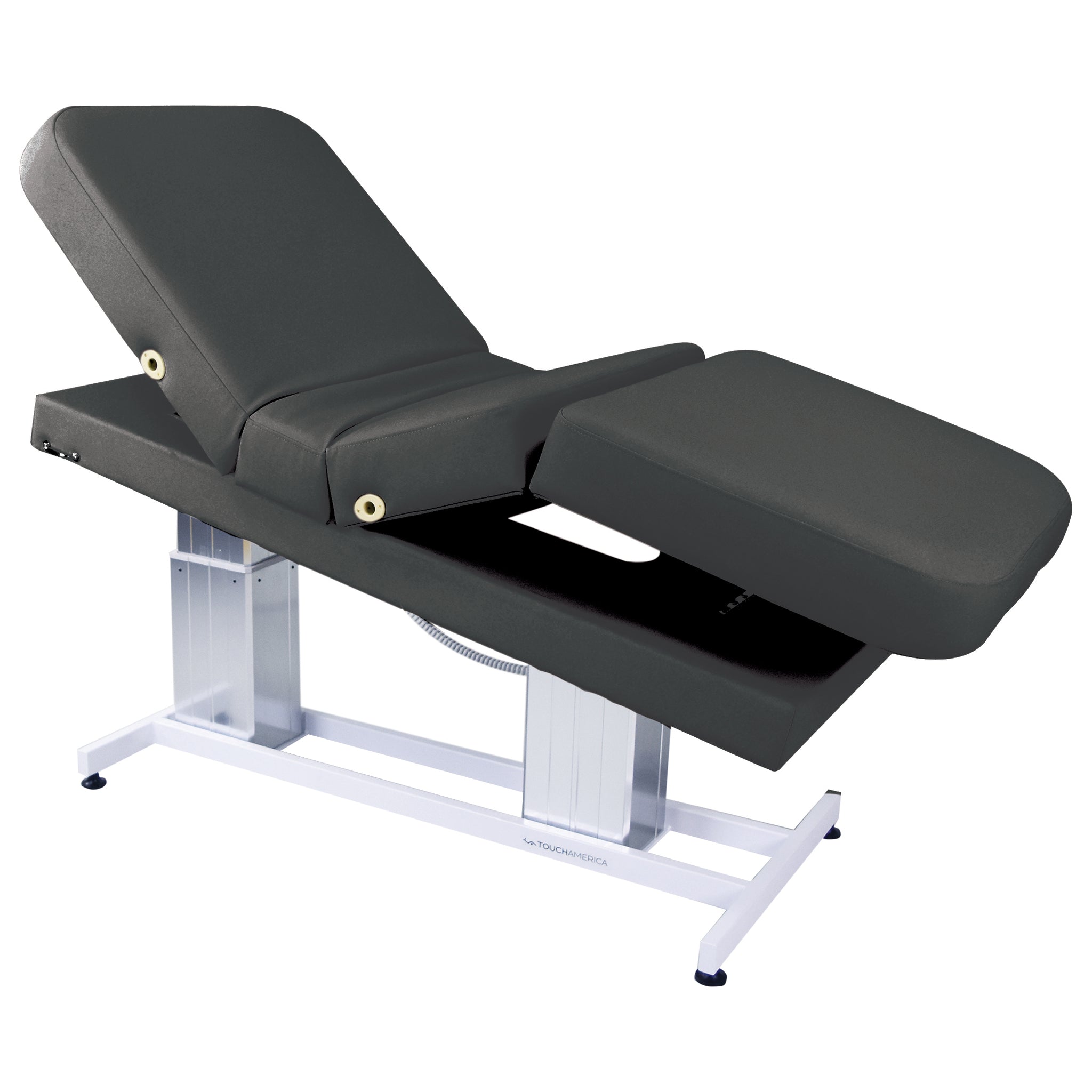 TouchAmerica ATLAS CLASSIC Treatment Table: black, metal frame, adjustable double pedestal.