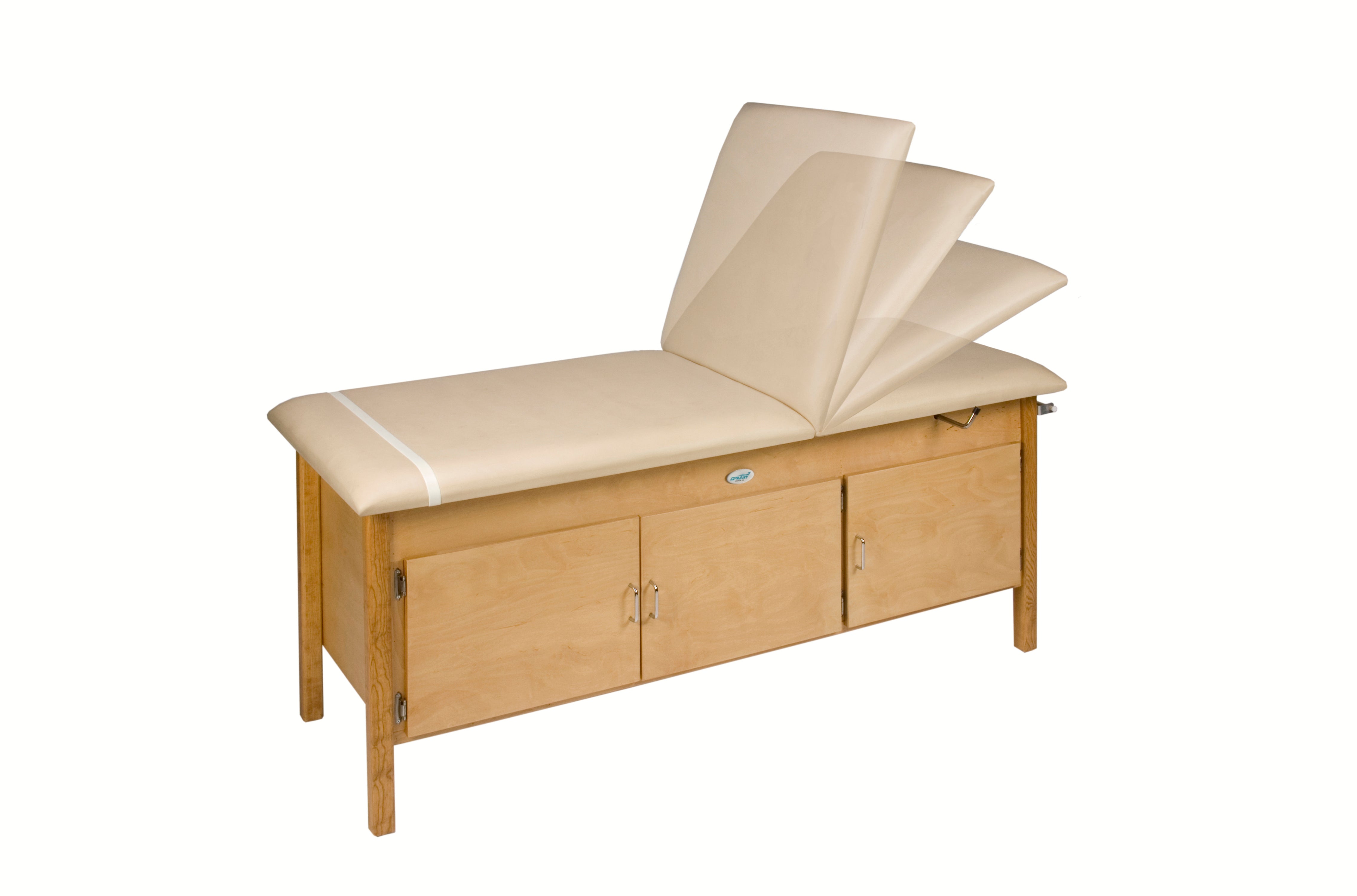 Galaxy Mfg 2093-24TB table with tan upholstery, storage, and adjustable head piece.