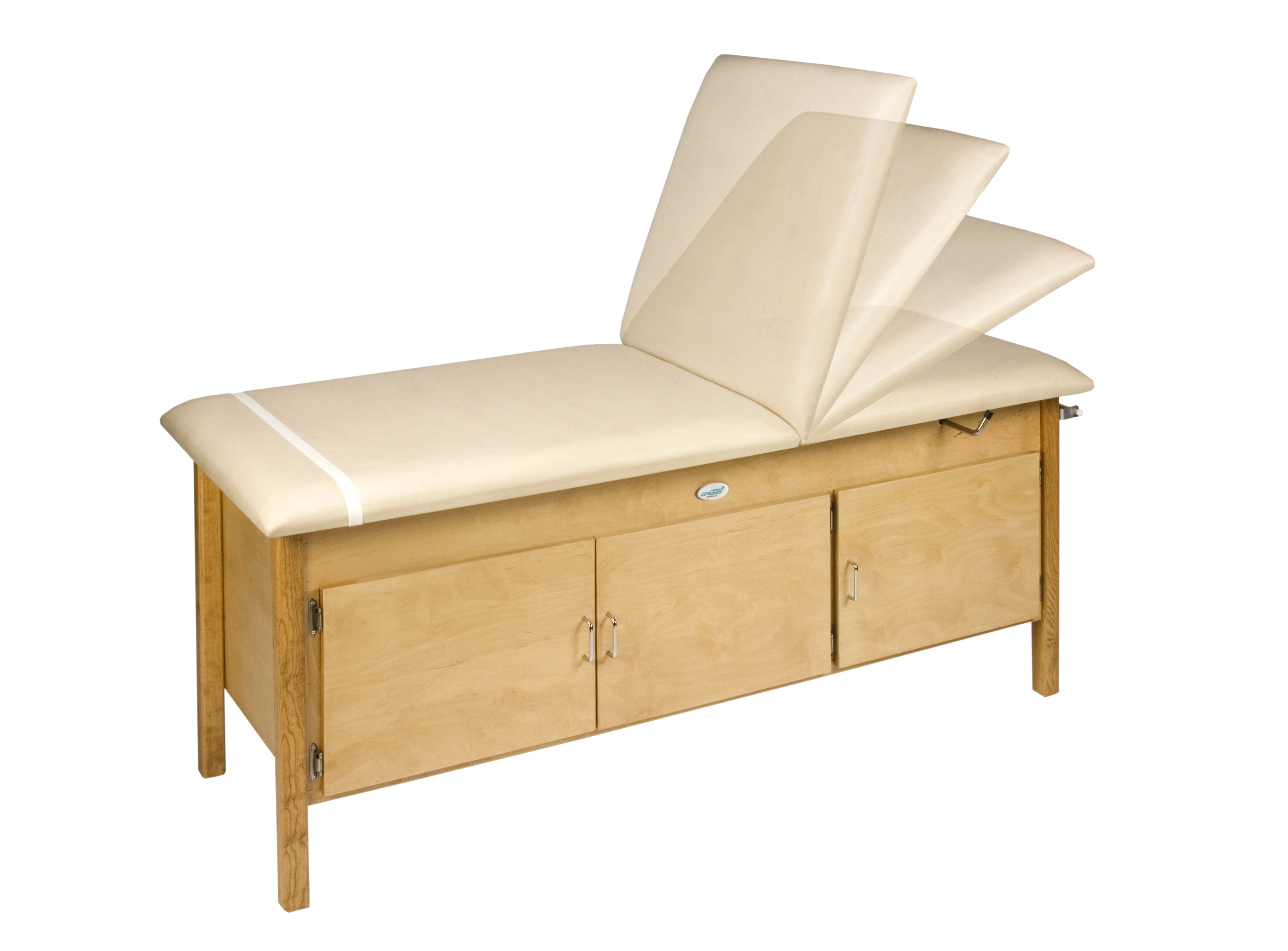 Galaxy Mfg 2093-24TB Treatment Table with light wood base, cream top, and headrest.