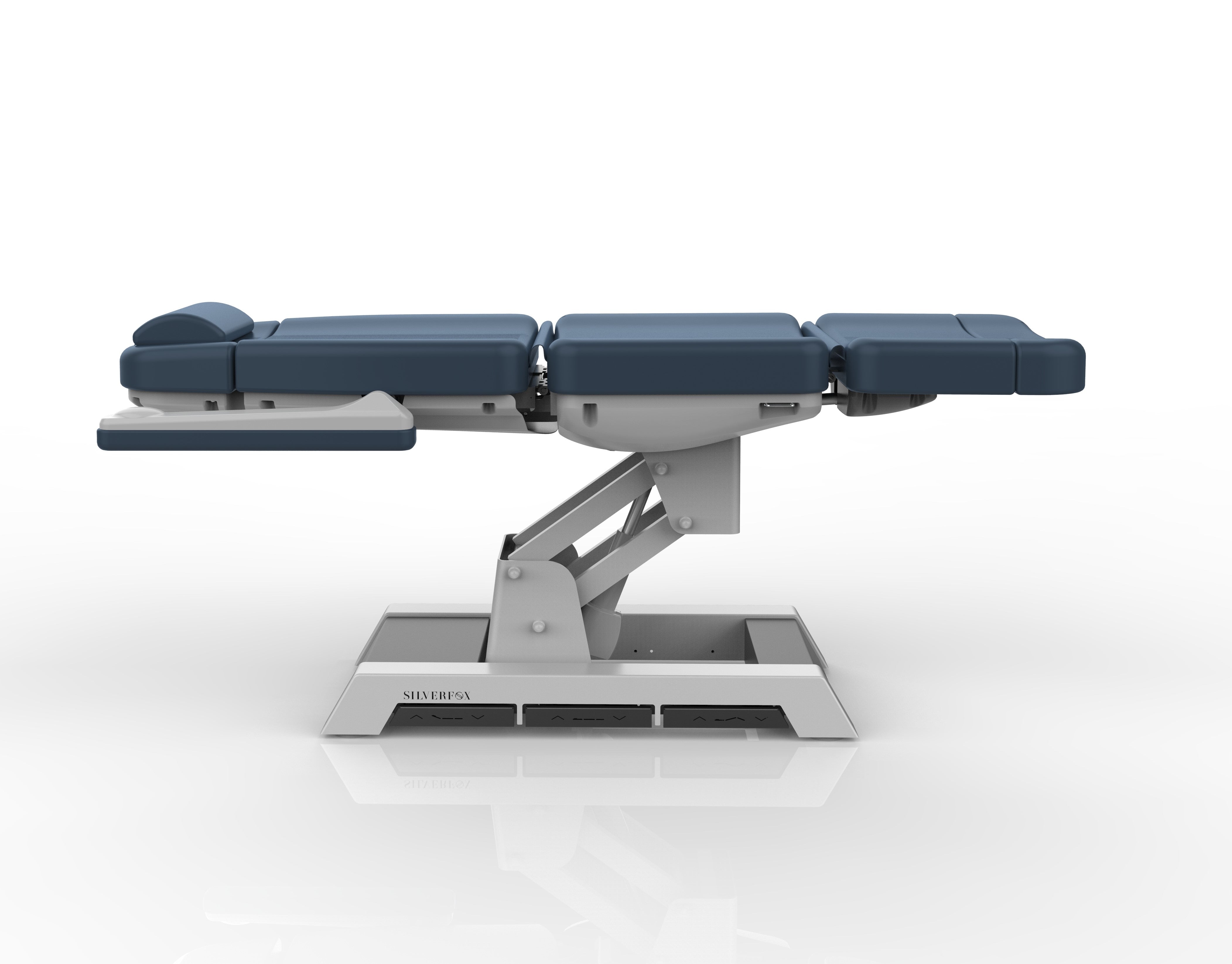 Silverfox America 2220D Electric Massage Table with blue cushions and white metal base, side view.