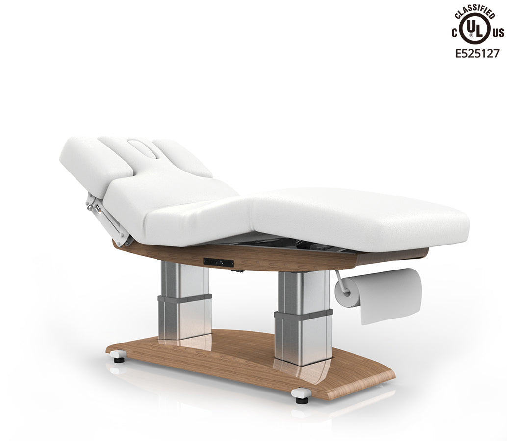 Silverfox America 2259Plus Electric Massage Table with wood/metal base and paper roll holder.