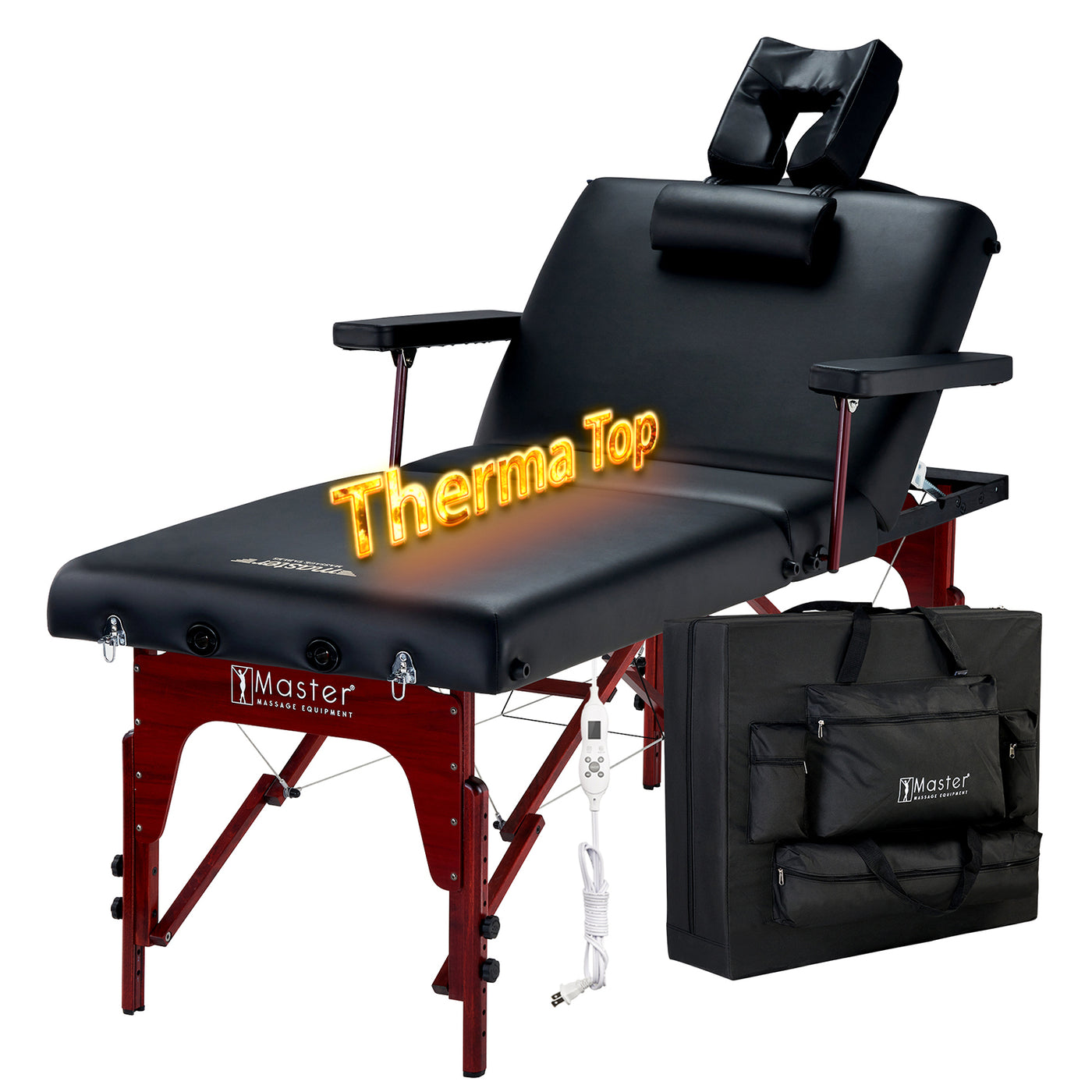 Master Massage MONTCLAIR Therma Top table with adjustable backrest, armrests, headrest, case.