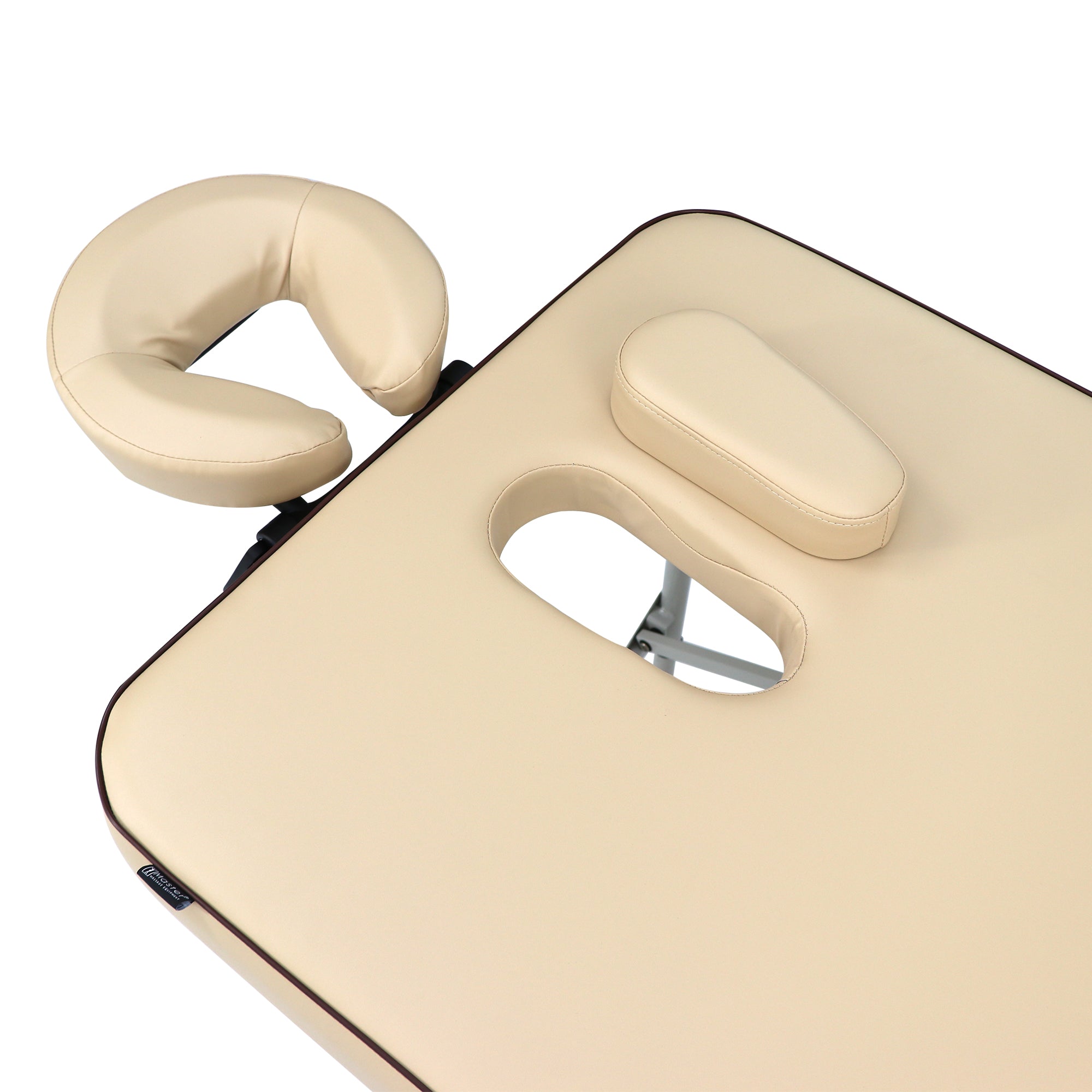 Master Massage Breeze lightweight aluminum massage table with headrest and armrest, top view.