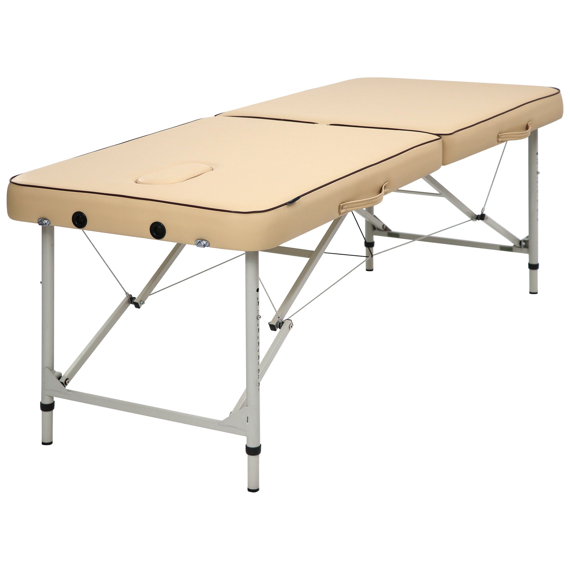 Master Massage Breeze lightweight aluminum portable table, adjustable height, in beige.