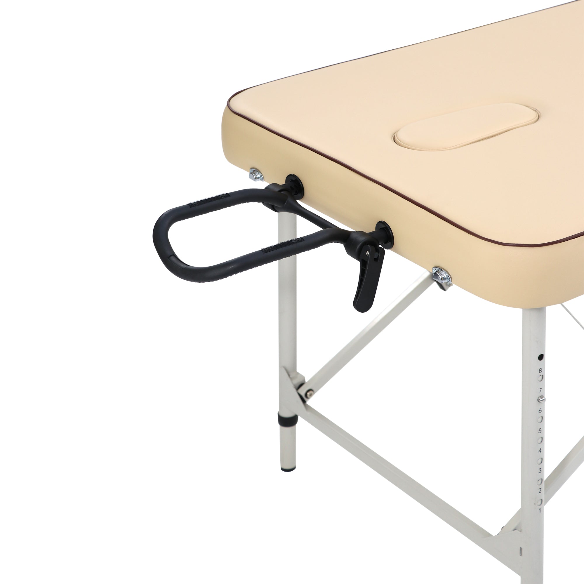 Master Massage Breeze ultralight aluminum portable table, beige with black handlebar.