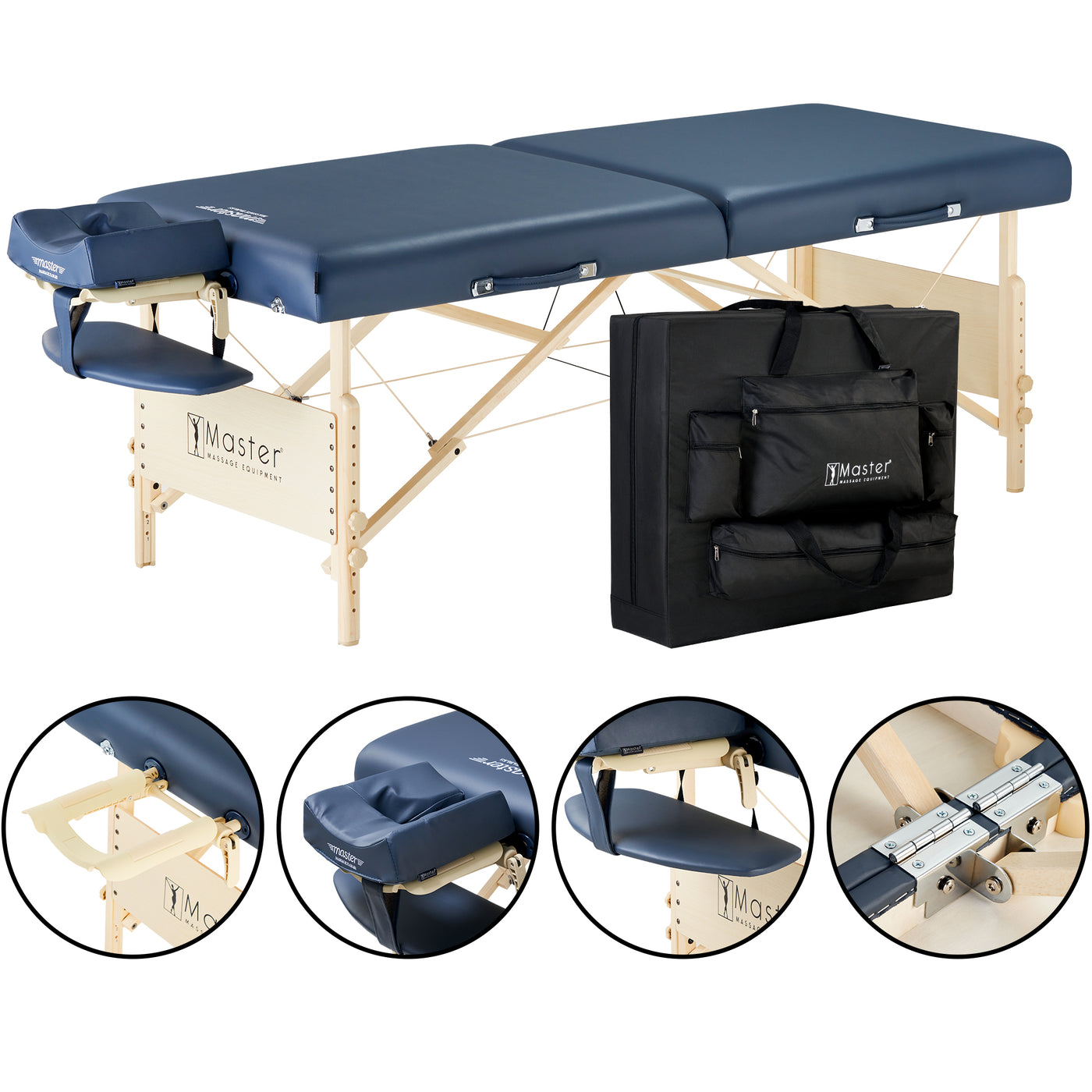 Master Massage CORONADO portable table: navy padding, wood frame, adjustable face cradle.