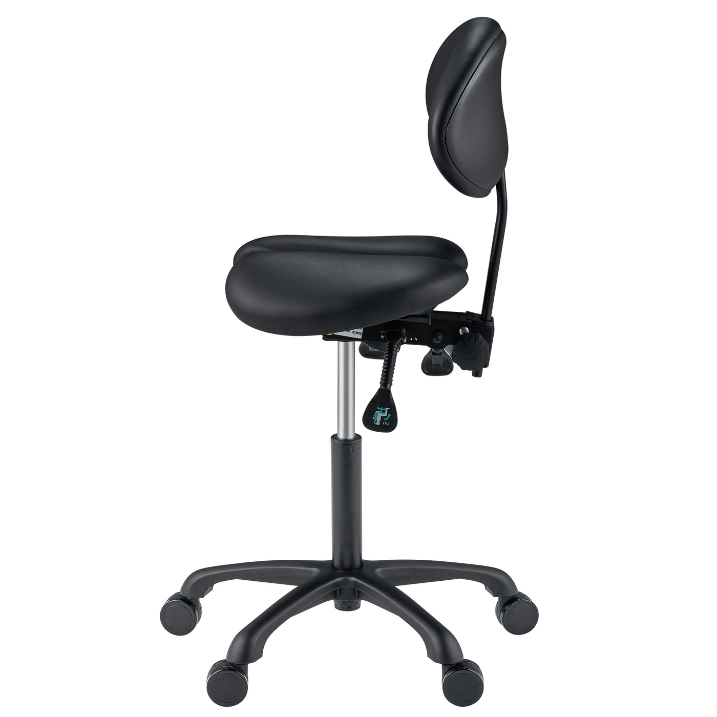 Black saddle-style stool with adjustable backrest on a white background