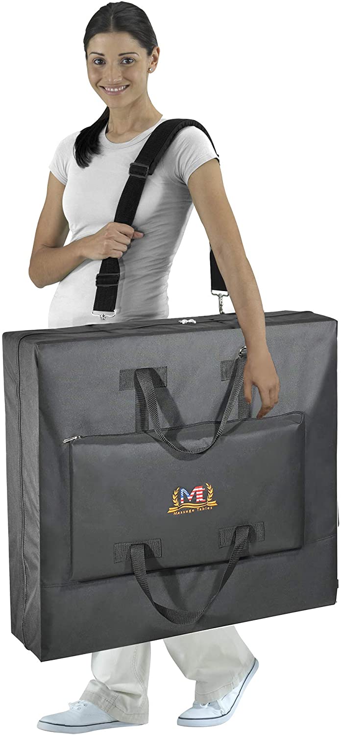Woman holding a carrying case with a visible brand logo on a white background