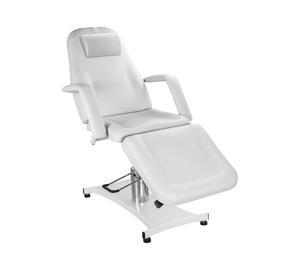 Silverfox America 2206A Hydraulic bed: adjustable white chair with armrests, headrest, and metal base.