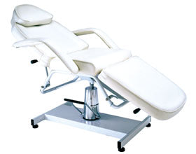 Galaxy Mfg 3939 Hydraulic Beauty Bed with padded seat, armrests, and sturdy metal base.