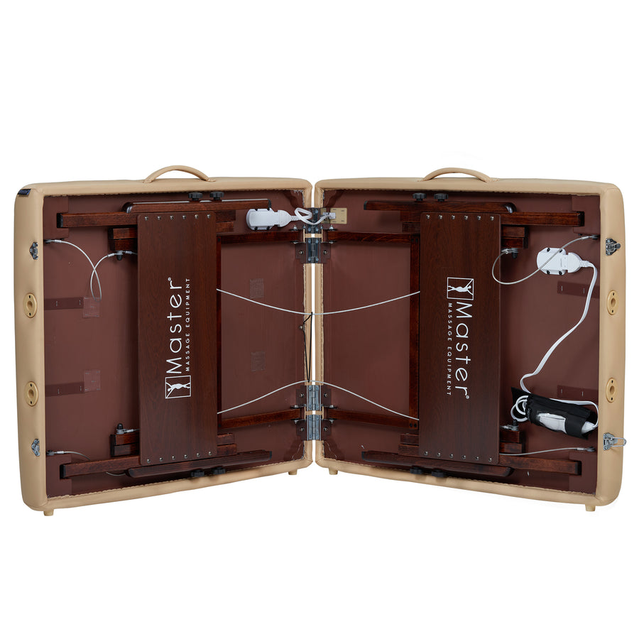 Open DEL RAY case reveals Master Massage Therma-Top heated frame, hinges, cables, and accessories.