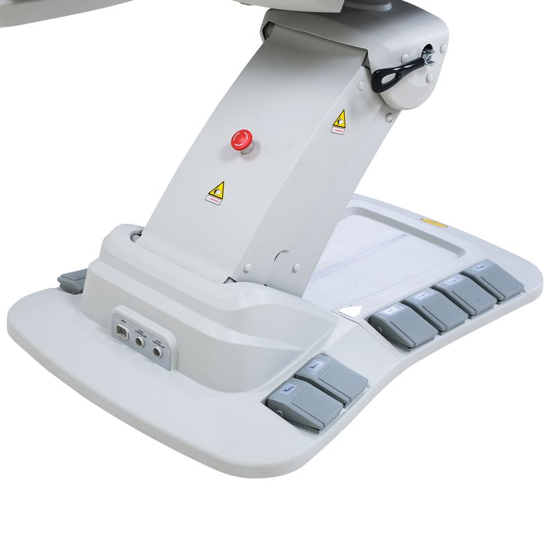 Close-up of Silverfox America 2246EBN Electric Massage Chair base with pedals and warning labels.