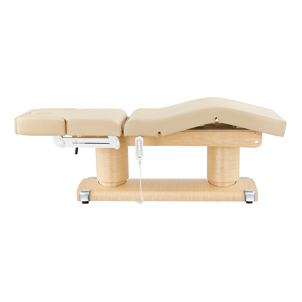 Luxi 4 Motors Medical Spa Table by DIR with headrest, remote, and wooden base in beige.