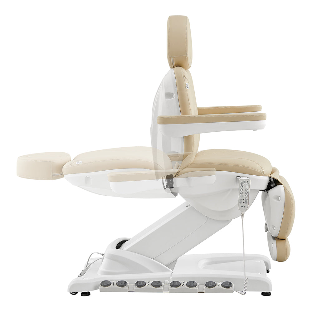 DIR Apollo II electric beauty bed in beige/white with reclining and attached control panel.