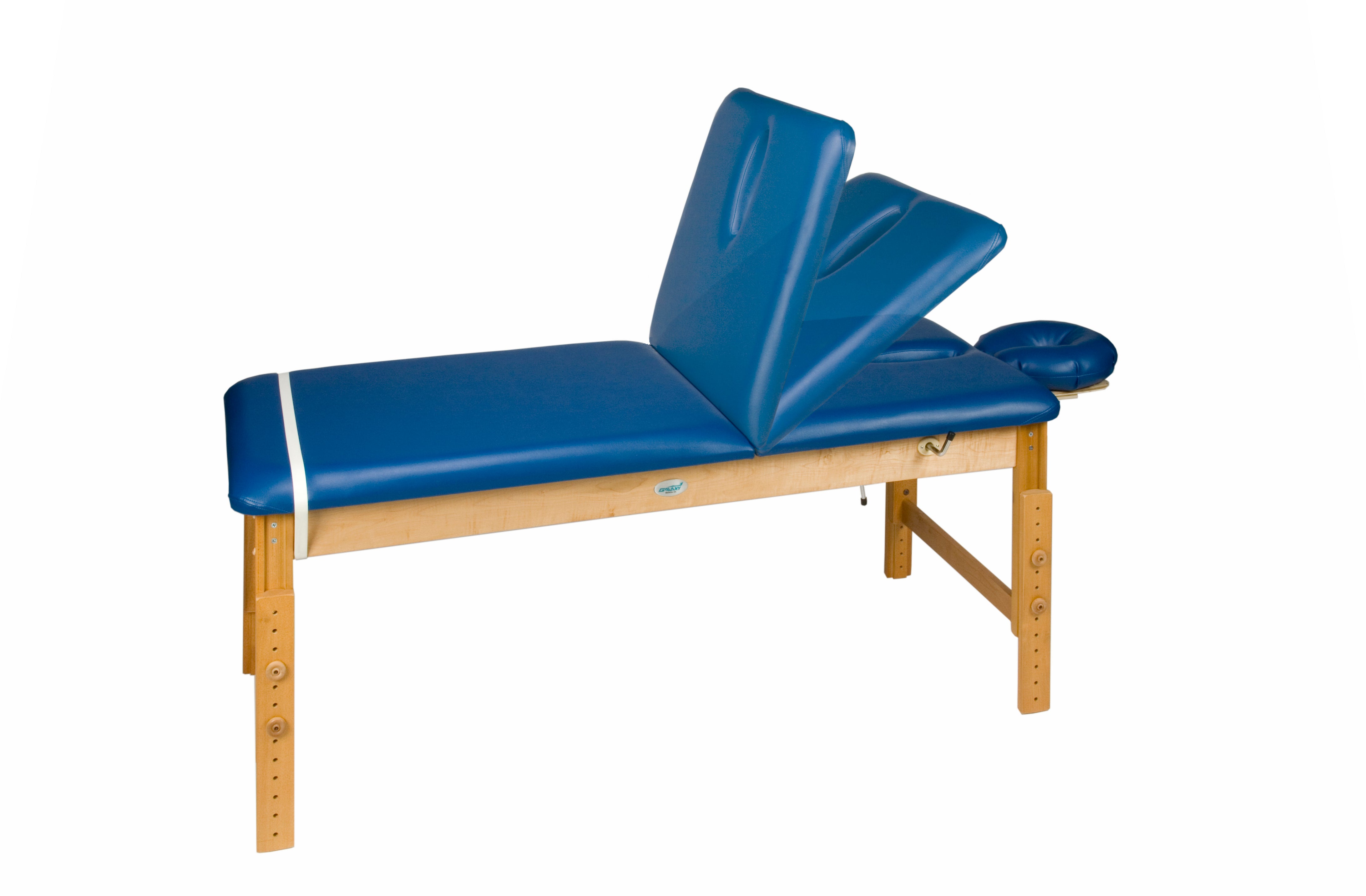 Galaxy Mfg 5093-27TB: Blue adjustable-height spa table with wood frame, tilting backrest.