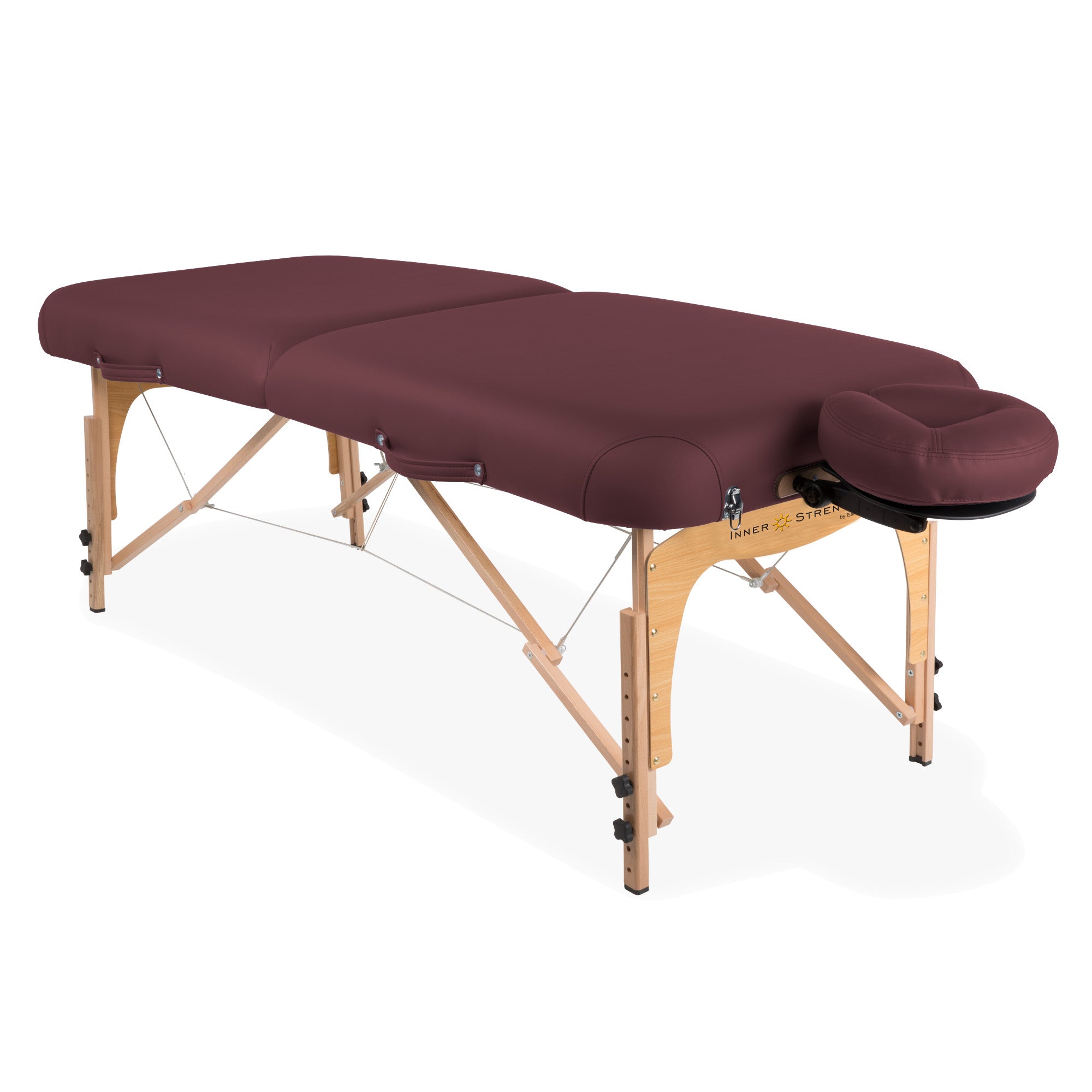 Inner Strength E2 portable massage table with hardwood frame and triple-layer burgundy padding.