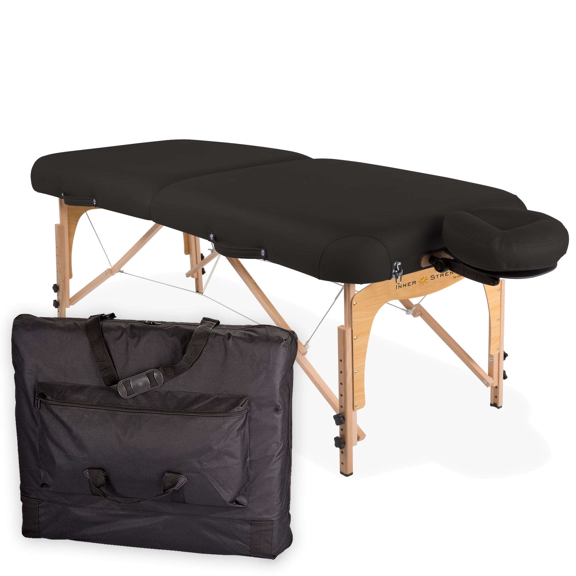 Inner Strength E2 portable massage table with hardwood frame and carrying case shown in front.