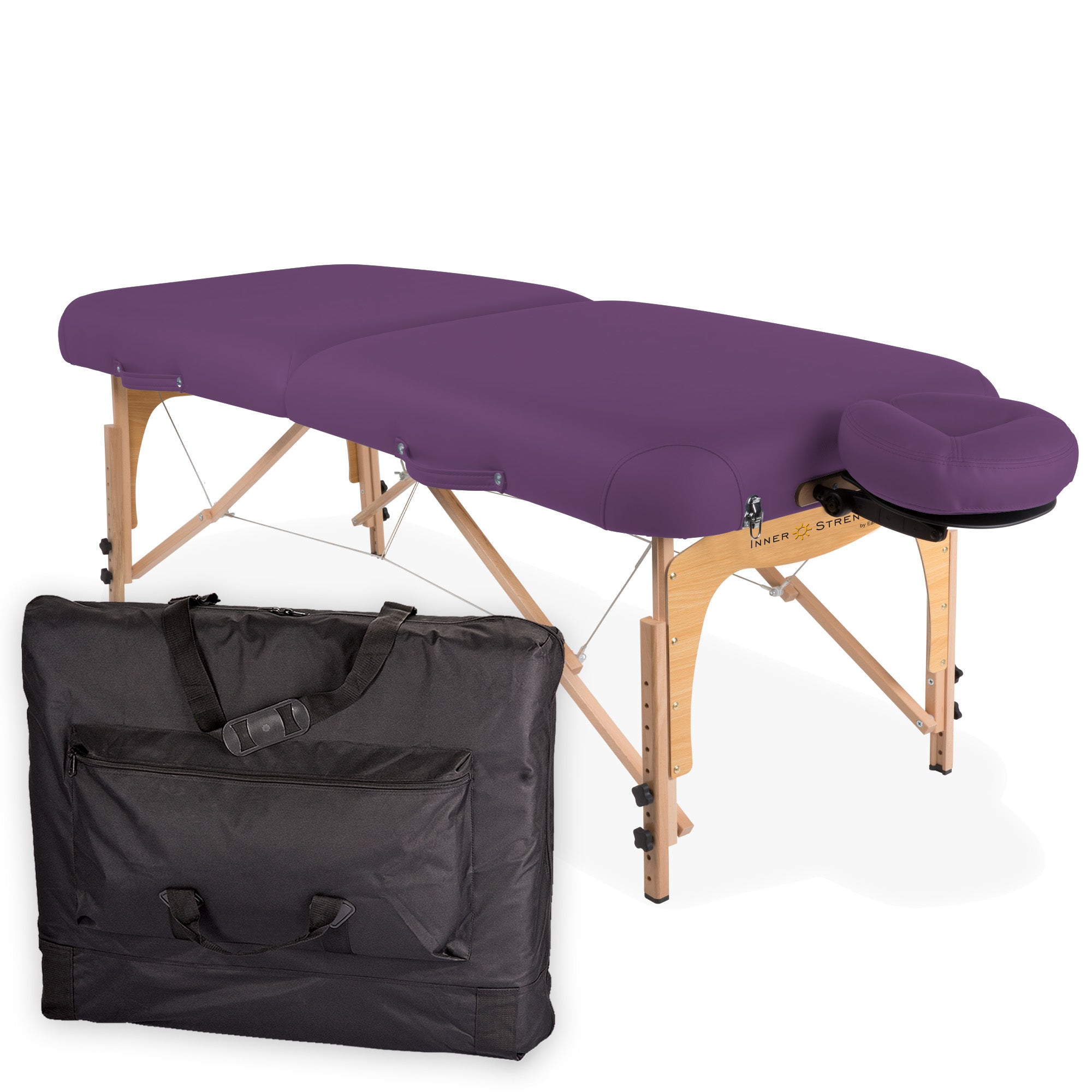 Inner Strength E2 massage table with hardwood frame, face cradle, and black carrying case.