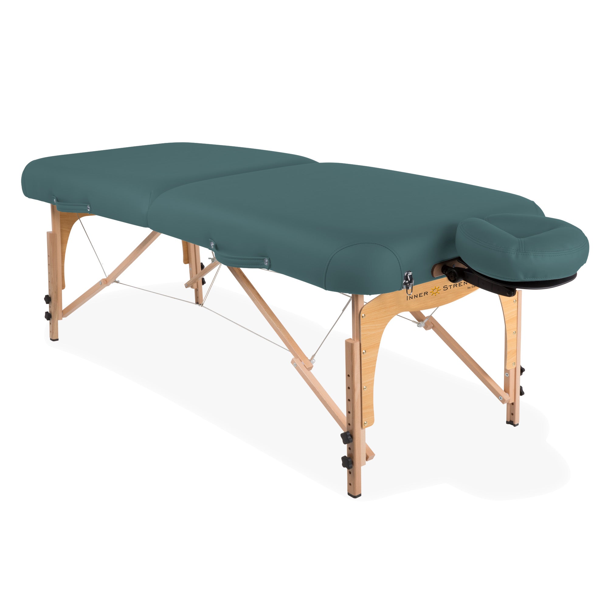 Inner Strength E2 massage table: teal, triple layer cushion, hardwood frame, adjustable face cradle.