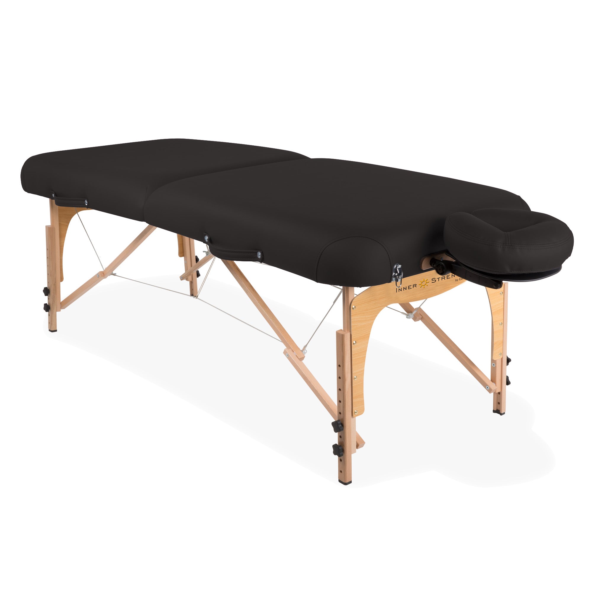 Inner Strength E2 portable massage table with face cradle and hardwood frame, black color.