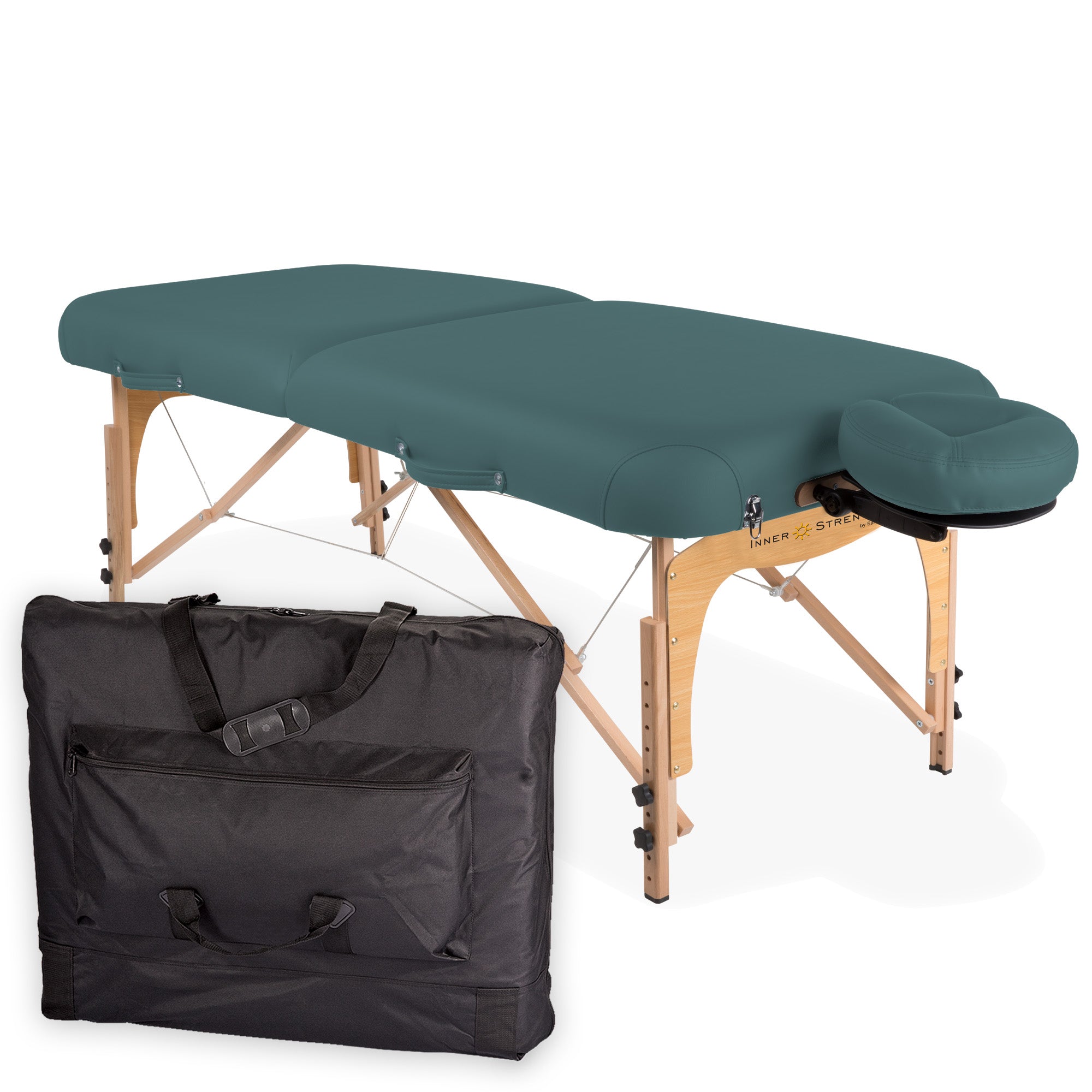 Inner Strength E2 massage table: triple-layer cushioning, hardwood frame, black carry case.