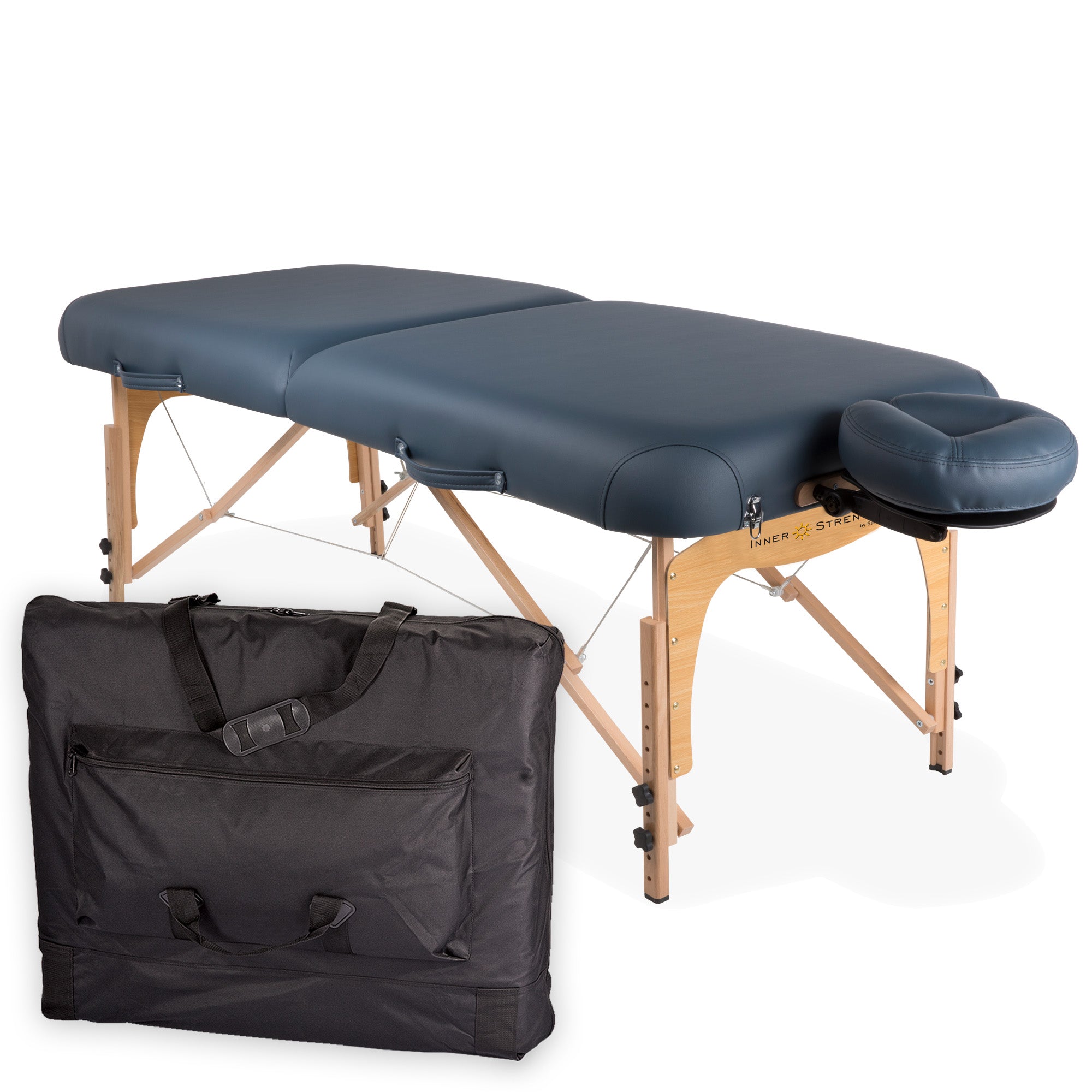 Inner Strength E2 portable massage table with folding frame and black carrying case in front.