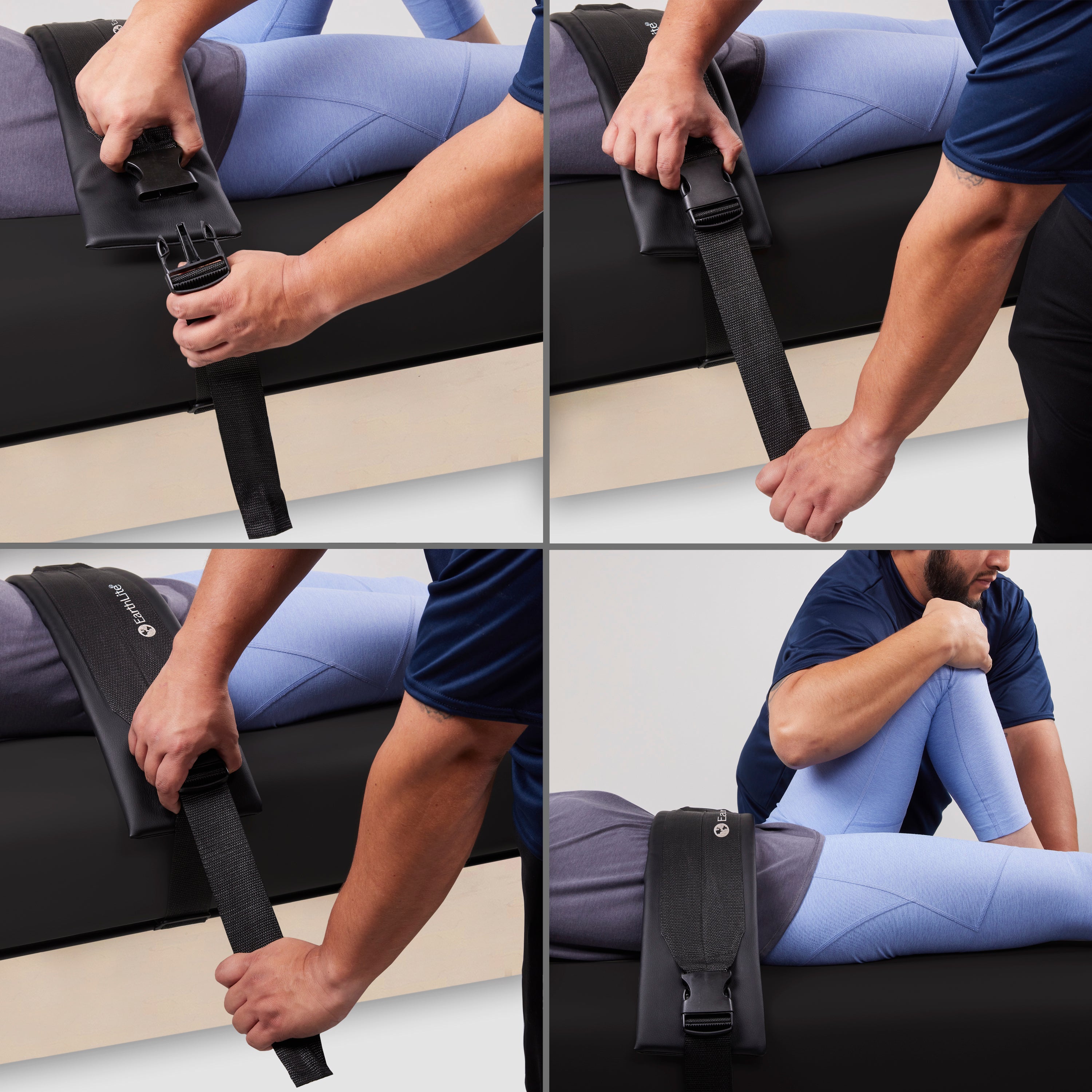 A person uses the EarthLite Sedona Flat table with Stretch Assist System in four simple steps.