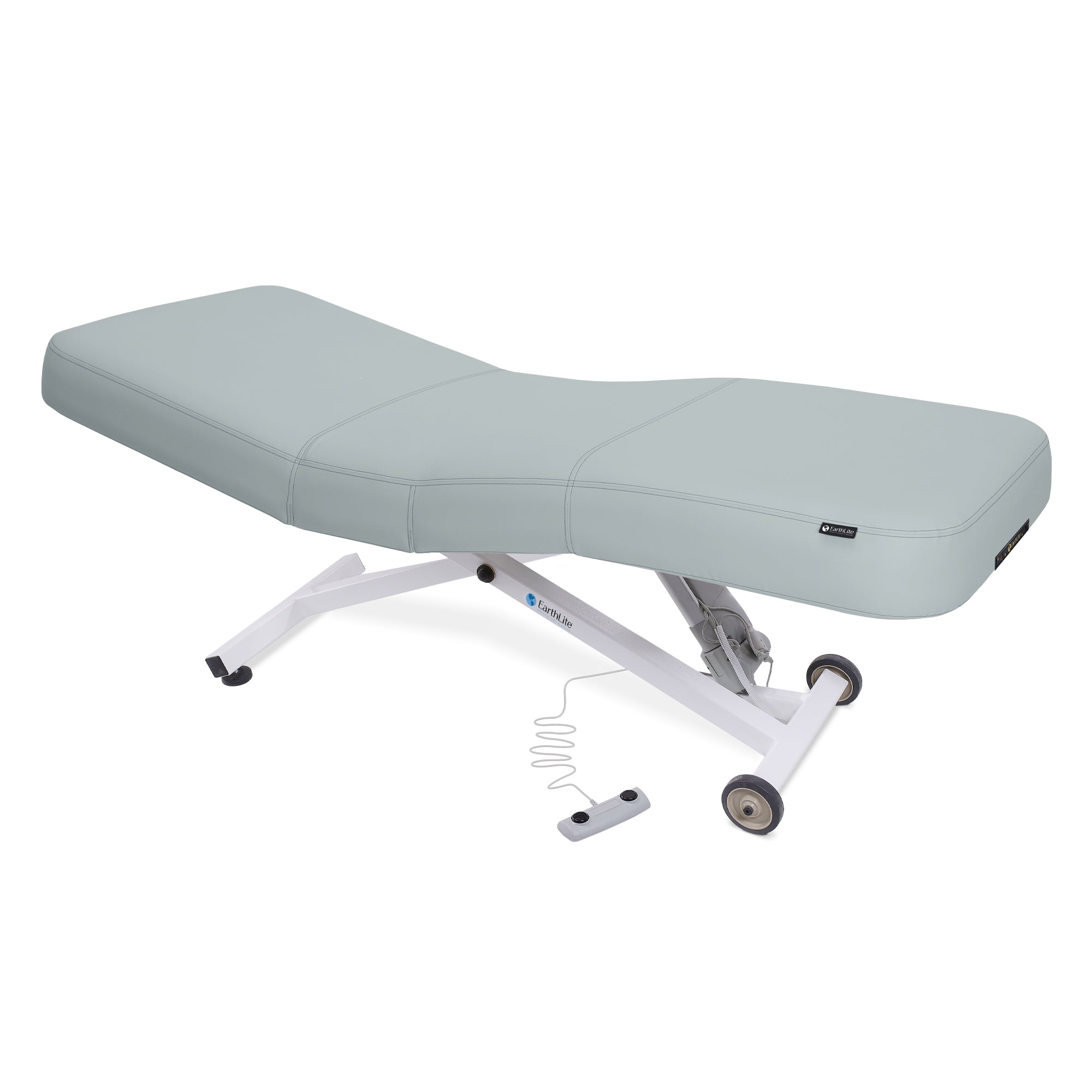 EarthLite Ellora LX Salon table, light blue, white base, remote, Strata memory foam mattress.