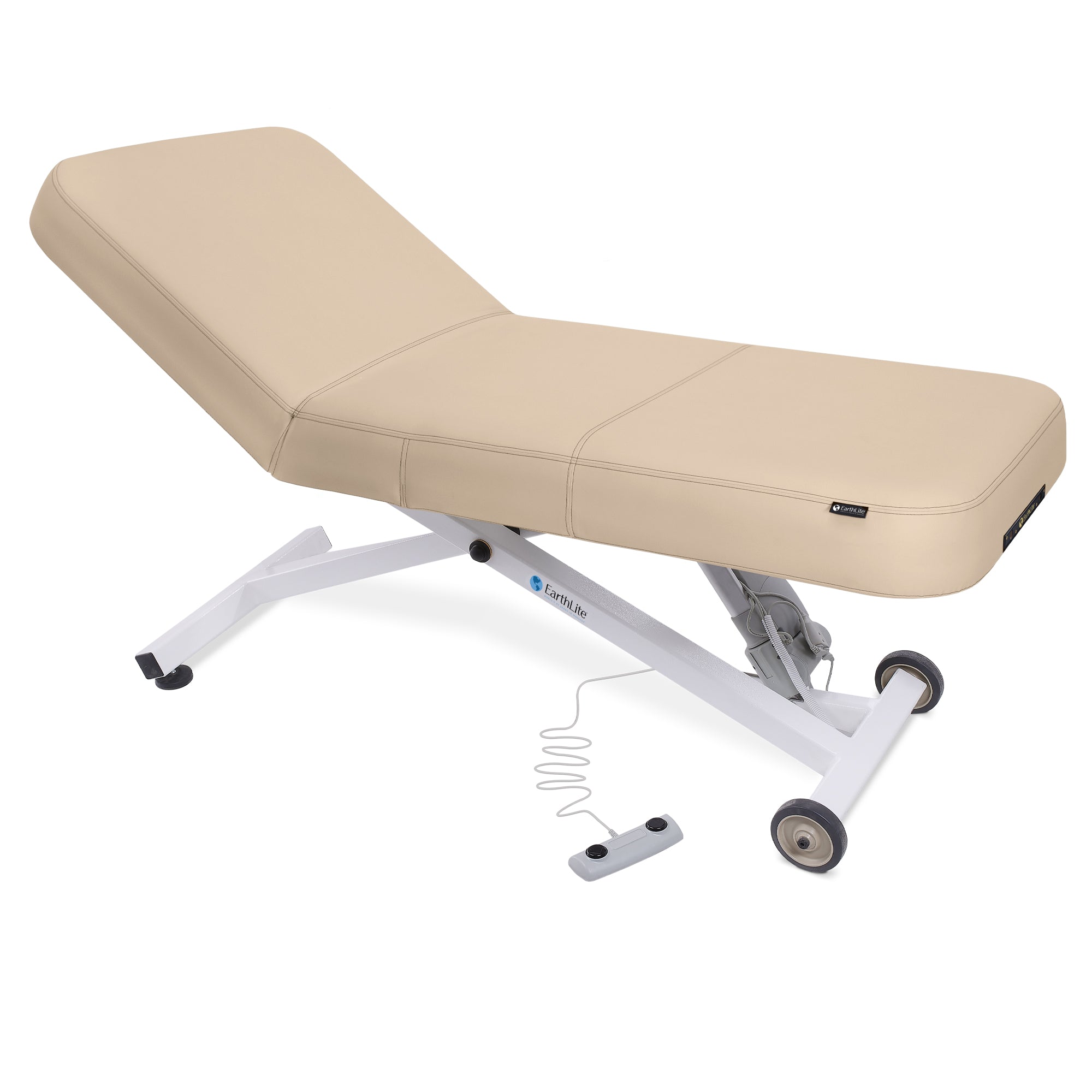 EarthLite Ellora LX Tilt multi-purpose treatment table with replaceable mattress in beige.