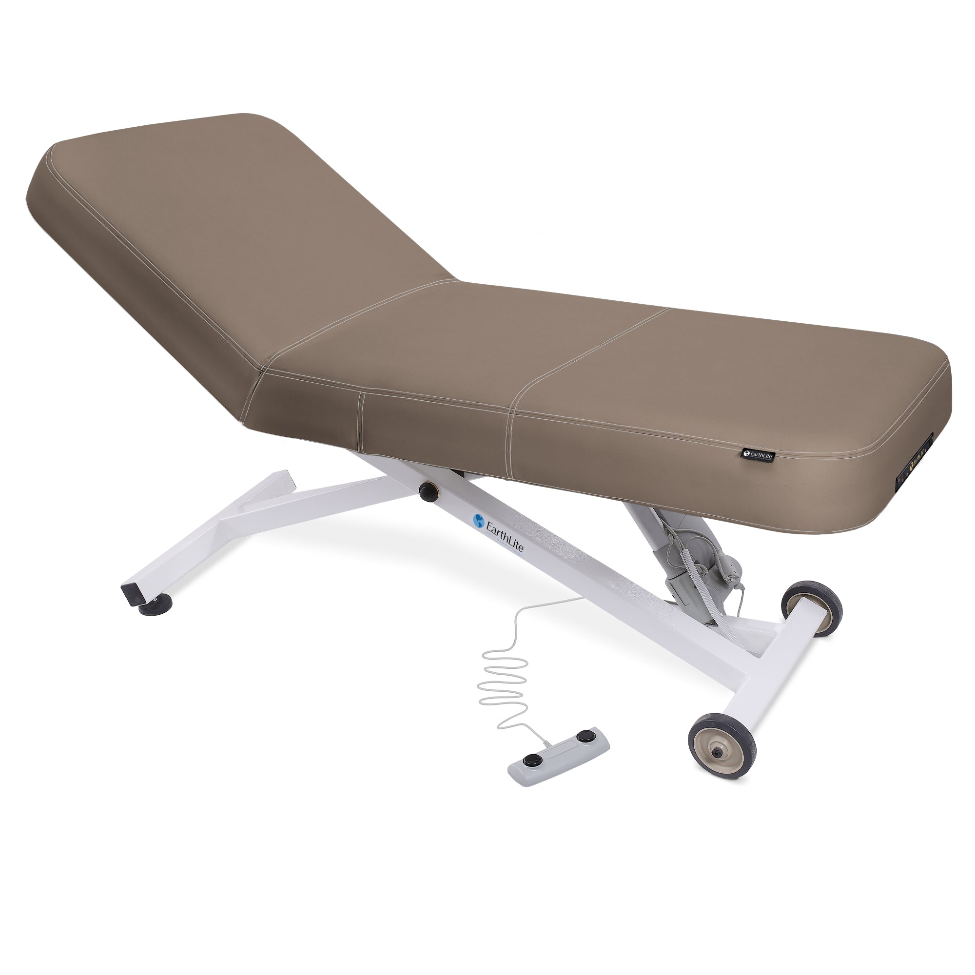 EarthLite ELLORA LX TILT table: ADA compliant, brown cushion, sturdy white frame.